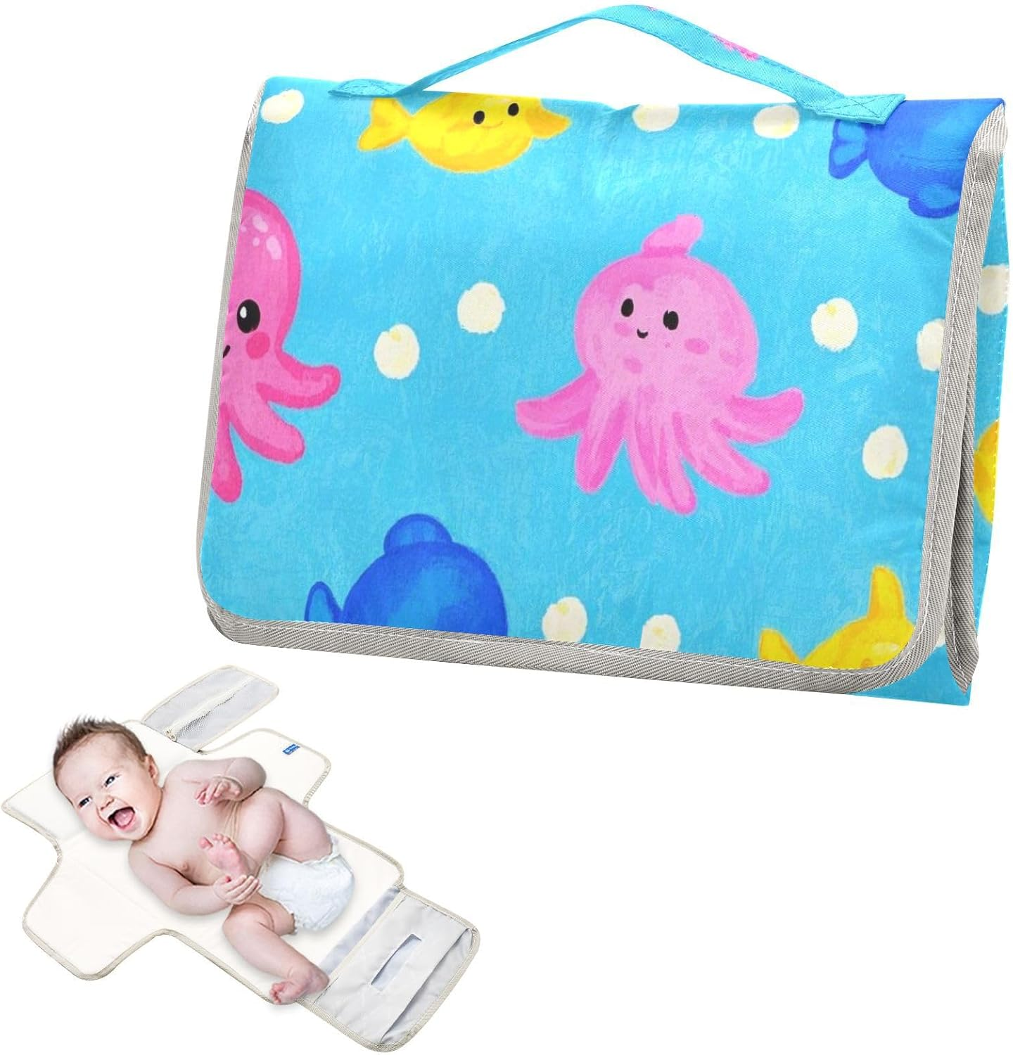 Reusable Changing Mat with Tissue Pocket Cartoon Animal Animal Sea Fish Blue Colorful Waterproof Changing Pad Lightweight & Foldable Changing Cambiadores De Pa?Ales Para Bebes
