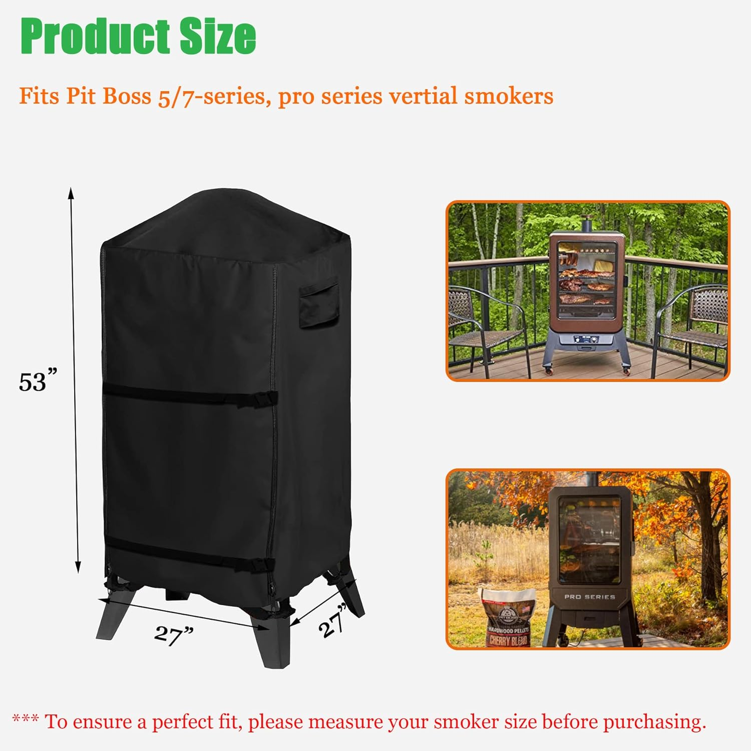 WOMACO Smoker Cover for Pit Boss 4/5/7 Pro - Series, PBV4PS1, PBV5PW1, PBV4PS2, Heavy Duty Waterproof Vertical Pellet BBQ Smoker Grill Cover (26.5" W X 26.5" D X 53" H, Black) image number 3