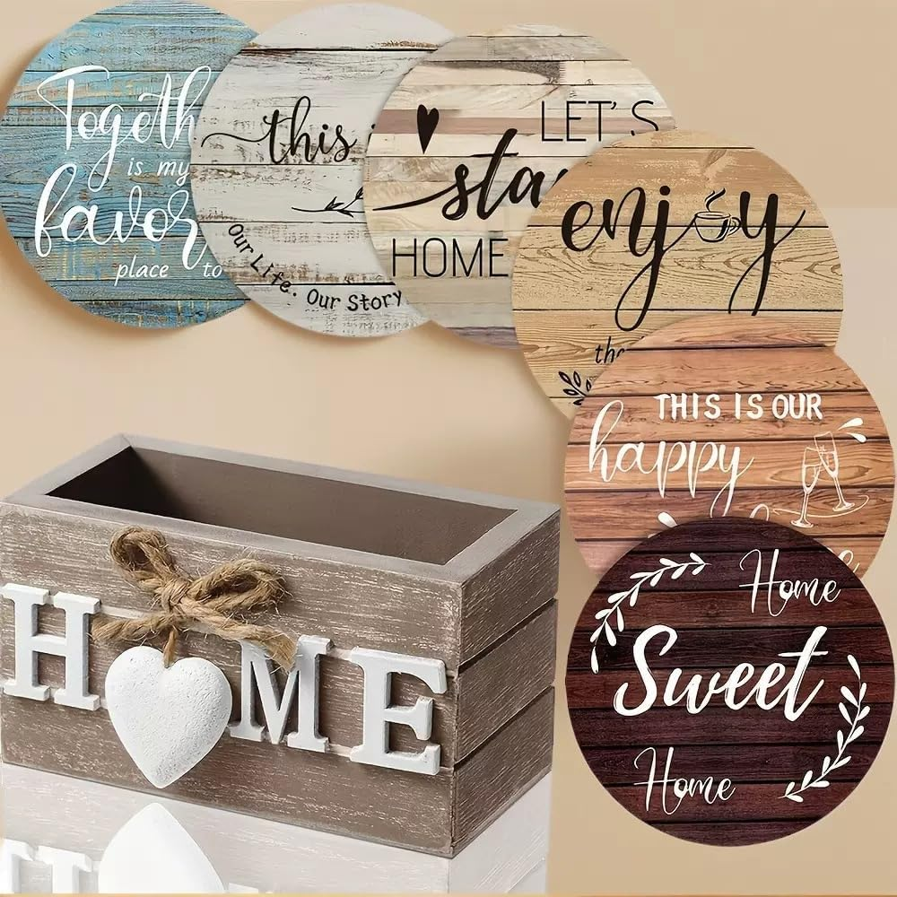 Wood Coasters with Holder,Wooden Coasters for Glasses Drinkings Coffee Table Desk round with Non-Slip Pad Cup Coasters for Home Office Christmas Decor 10 CM (6-Pack Farm House)