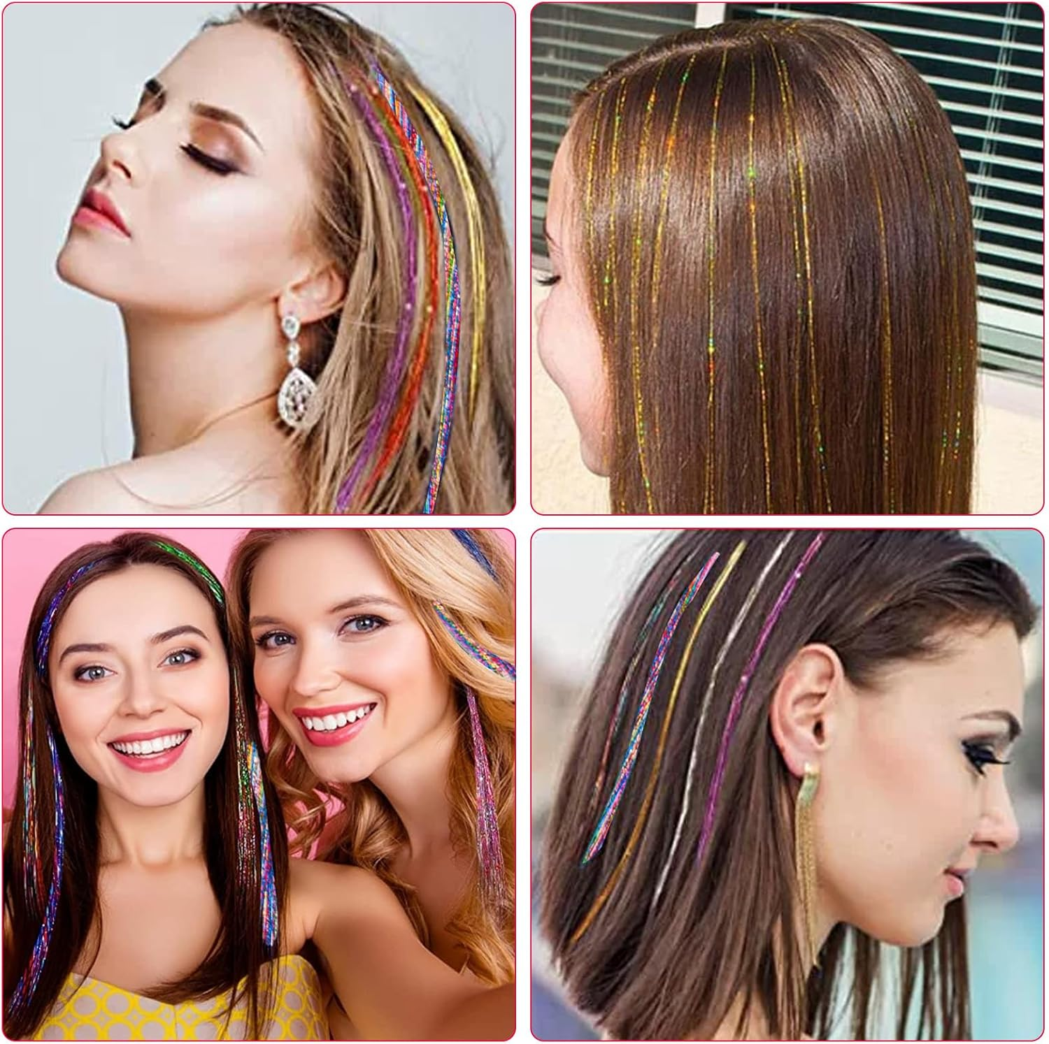 Tinsel Hair Tinsel, 90 Cm Hair Tinsel, 800 Strands Hair Strands for Braiding, Hair Extensions with Accessories, Hair Glitter Strands, Hair Nanoring Extensions, Micro Ring Extensions Accessories image number 4