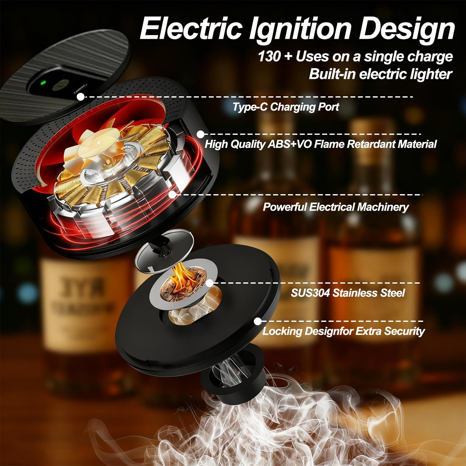 Electric Whiskey Smoker Kit Built-In Lighter,Electric Cocktail Smoker Kit with 6 Flavors Wood Chips,Rechargeable Drink Smoker Kit,No Butane Needed,Bourbon Whiskey Gifts for Men,Dad,Husband Birthday image number 4