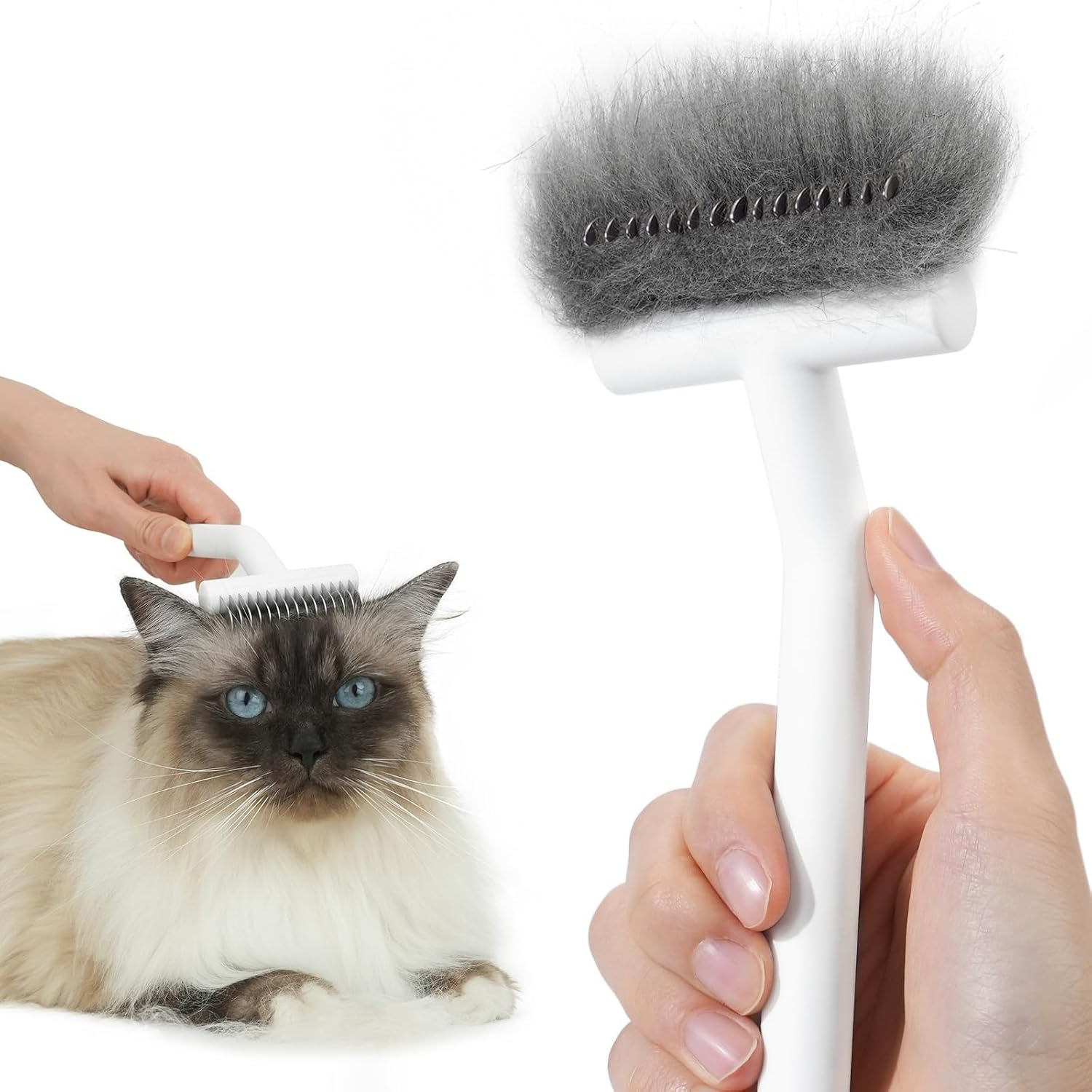 Aumuca Cat Grooming Brush for Long Hair Cats, Cat Deshedding Comb for Pet, Undercoat Rake and Dematting Brush Remove Loose and Matted Fur, Flying Hair Removing Tools for Puppy, White image number 3