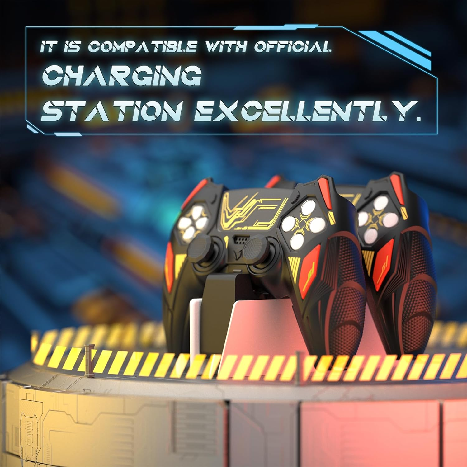 Playvital Mecha Rhino Silicone Cover for Ps5 Controller with Thumb Grips & Stickers, Anti-Slip Controller Grip Skin Accessories Compatible with Ps5 Charging Station - Black & Caution Red image number 5