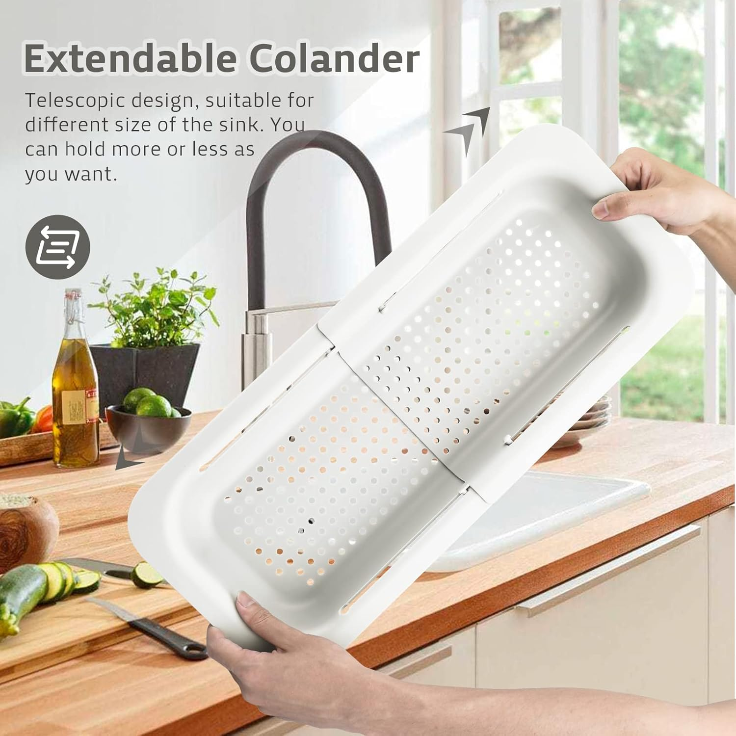 Extendable Colander Strainer over the Sink, Retractable Kitchen Sink Basket to Wash Vegetables and Fruits, Food Strainers to Drain Pasta and Dry Dishes, Plastic Colanders for Sink White Medium - Green image number 5