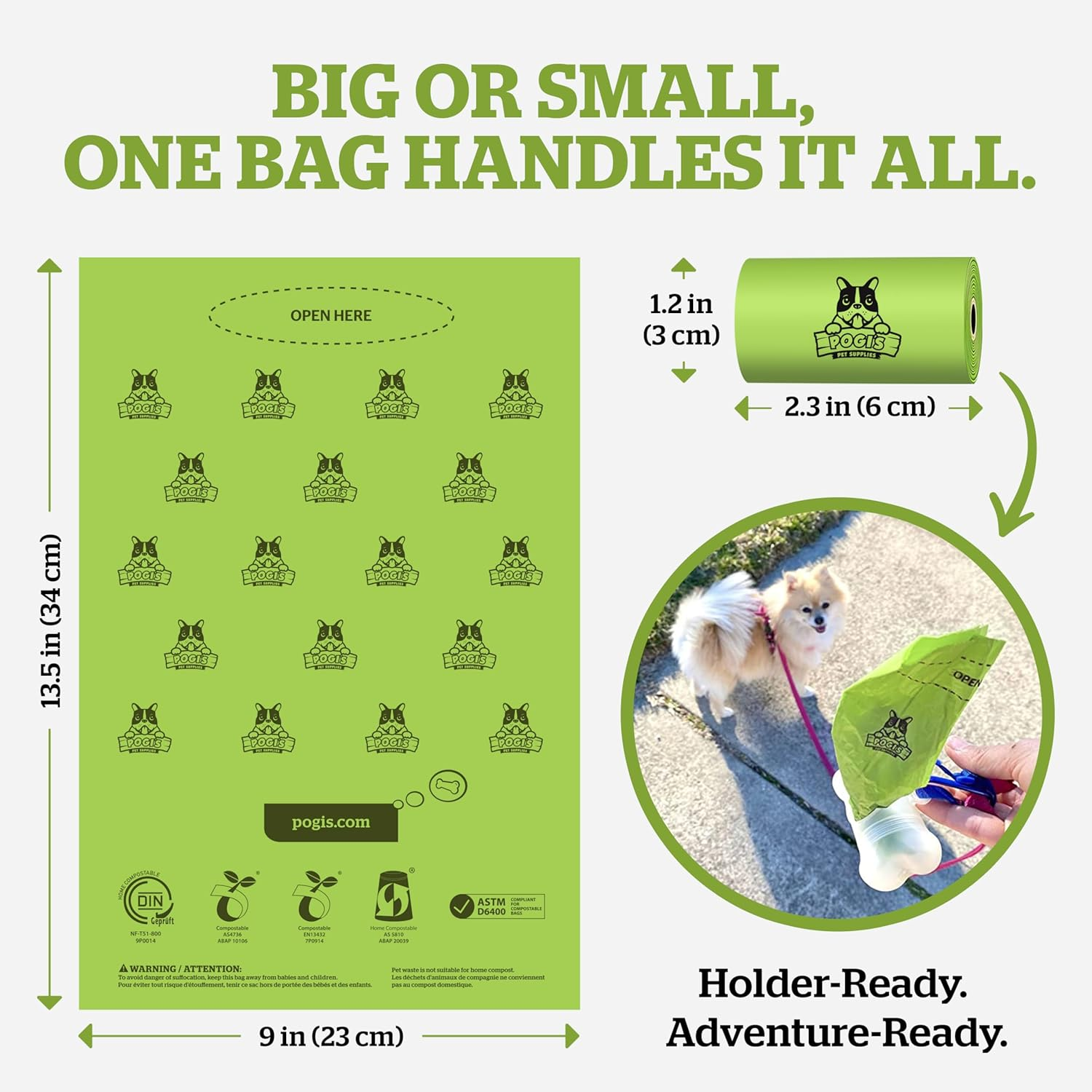 Pogi'S Compostable Dog Poop Bags - 9 Rolls (135 Bags) - Leak-Proof, Extra-Large, Plant-Based, ASTM D6400, EN 13432 Certified Poop Bags for Dogs image number 1