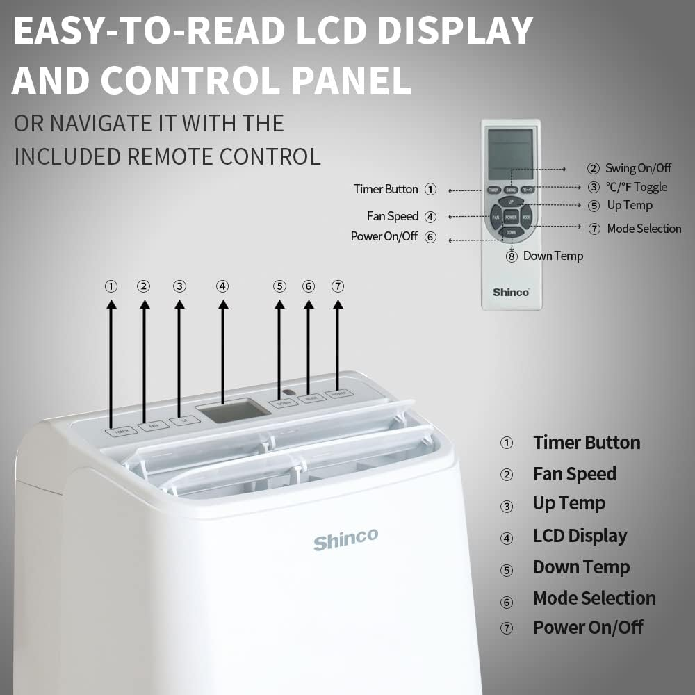Shinco 12000BTU Portable Air Conditioner, 3.5Kw Portable AC Unit W/Cooling, Dehumidifier & Fan, 3-In-1 Air Cooler W/Remote Control, Window Mount Kit, LCD Display, 24H Timer, for 35㎡/105M&sup3; Home, Office image number 4