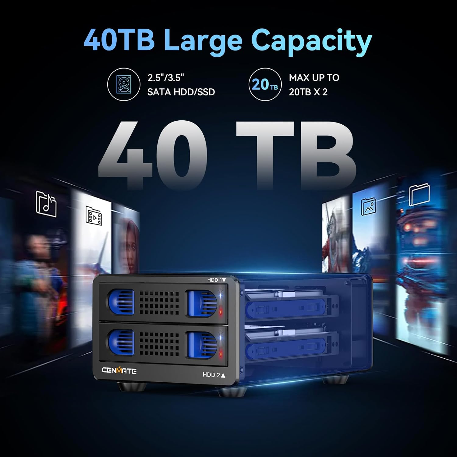 CENMATE Aluminum Dual Bay Hard Drive Enclosure with Cooling Fan for 2.5&ldquo;/3.5" SATA HDD/SSD with USB A/C 3.0, Support Hot Swappable, Daisy Chain Expansion, Tool-Free HDD Enclosure, DAS(NO RAID/NAS) image number 6