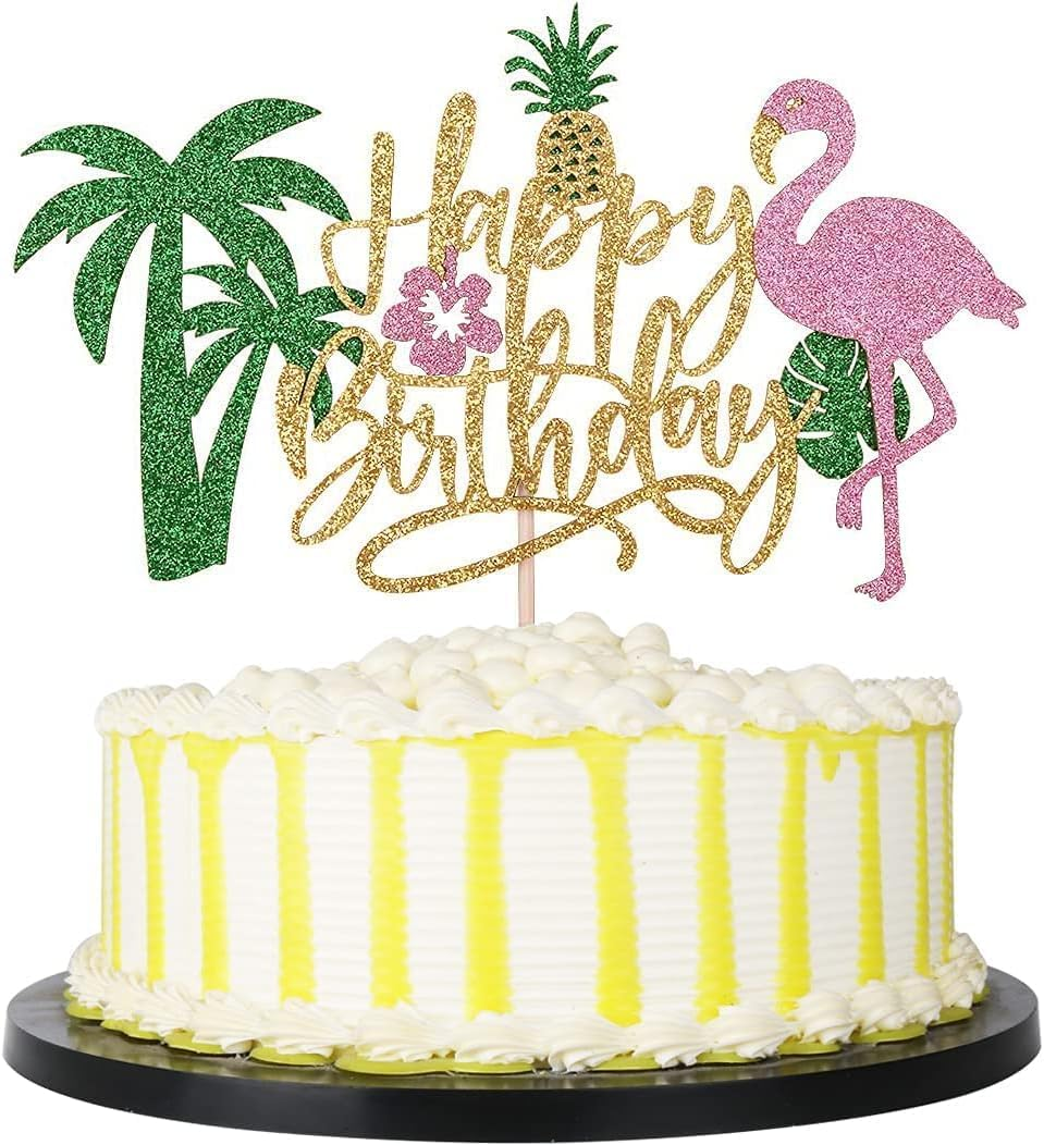Confetti! Glitter Flamingo Cake Toppers Flamingo Happy Birthday Cake Decoration Tropical Hawaiian Luau Themed Party Supplies