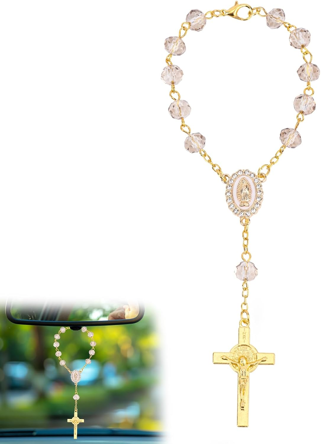 Rosary for Car Mirror Hanging, Stylish Car Rear View Mirror Accessories Catholic Rosary Hanging Ornament for Wedding Favors Baptism First Communion (Gray)