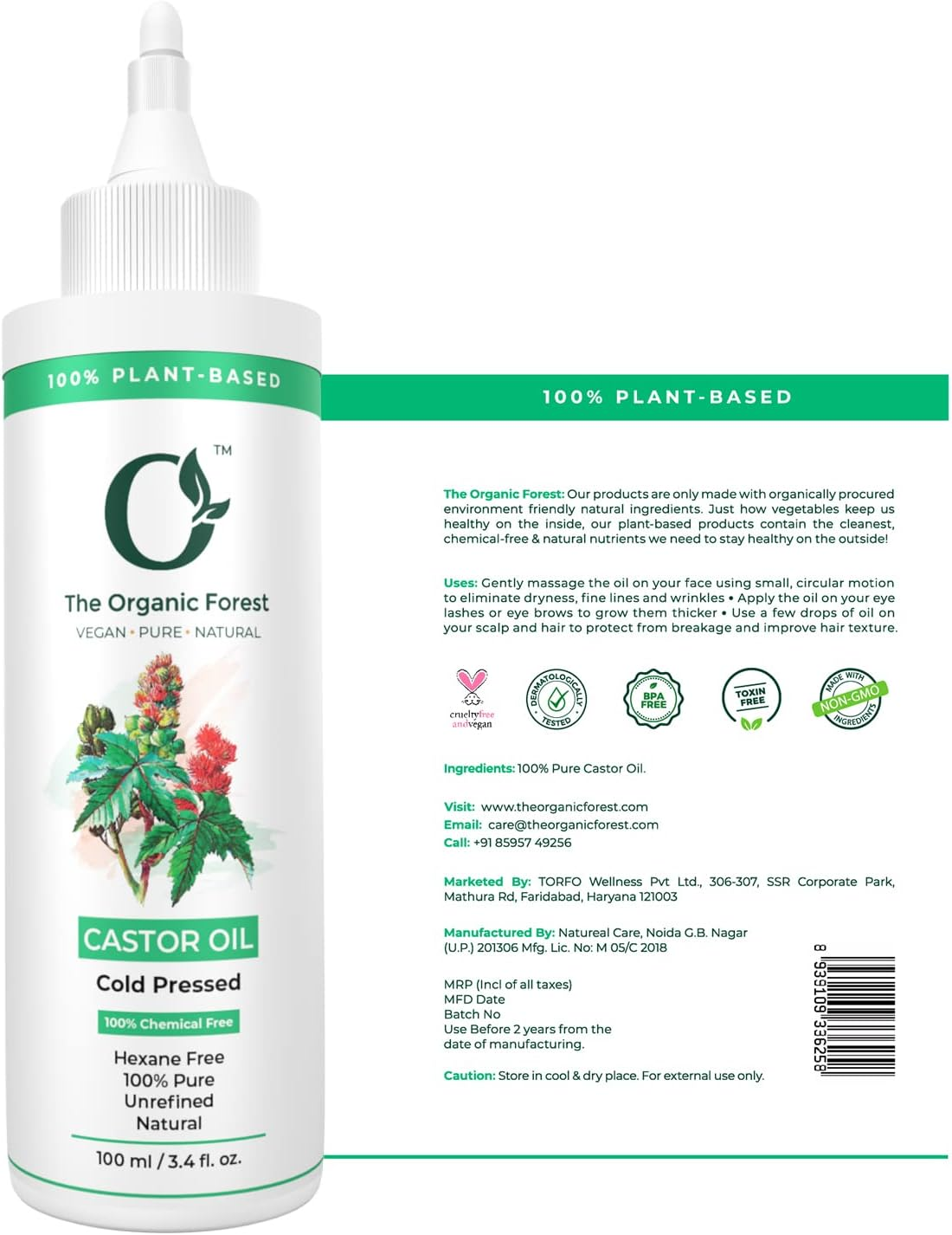 Organic Forest 100% VEGAN Pure Cold Pressed Castor Oil for Eyelashes and Eyebrows | Pure Castor Oil, Hair, Nails, Moisturising Dry Skin, Eyelashes | image number 6