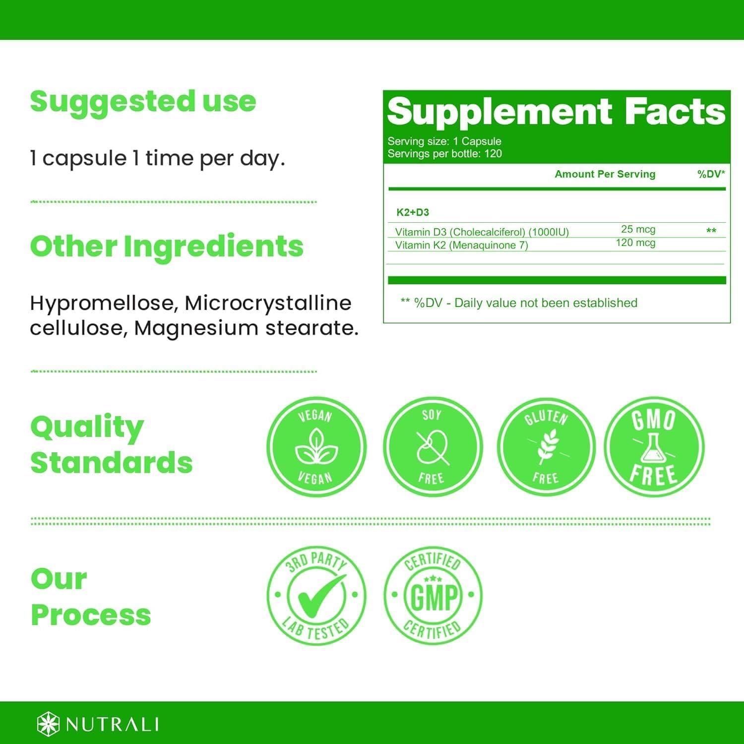 New MAXIMUM STRENGTH Vitamin D3 + K2 Supplement &ndash; 1000IU / 120Mcg, Healthy Teeth and Bones, Immunity Support, MK-7 Form, Calcium Metabolism, Gluten Free. 120 Vegan Capsules. image number 5