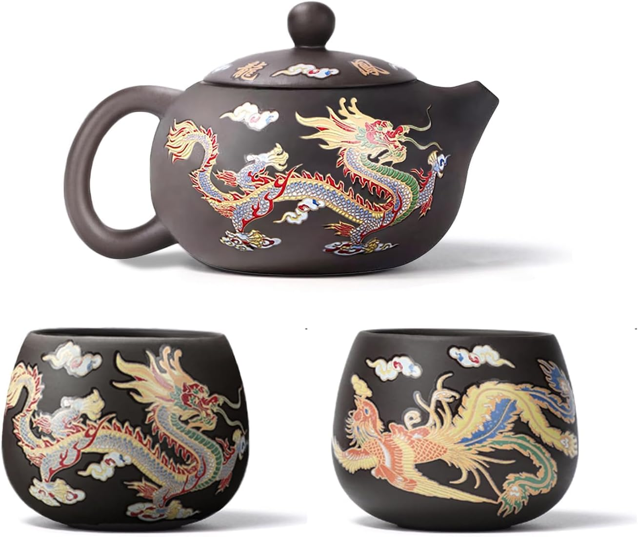 Hormsdar Hand-Made Dragon and Phoenix Color-Changing Purple Clay Teapot Zisha Tea Set Kettle Kung Fu Tea Pot Tea Lover&lsquo;S Gift (With 2* Teacups), Teapot+2Cups image number 6