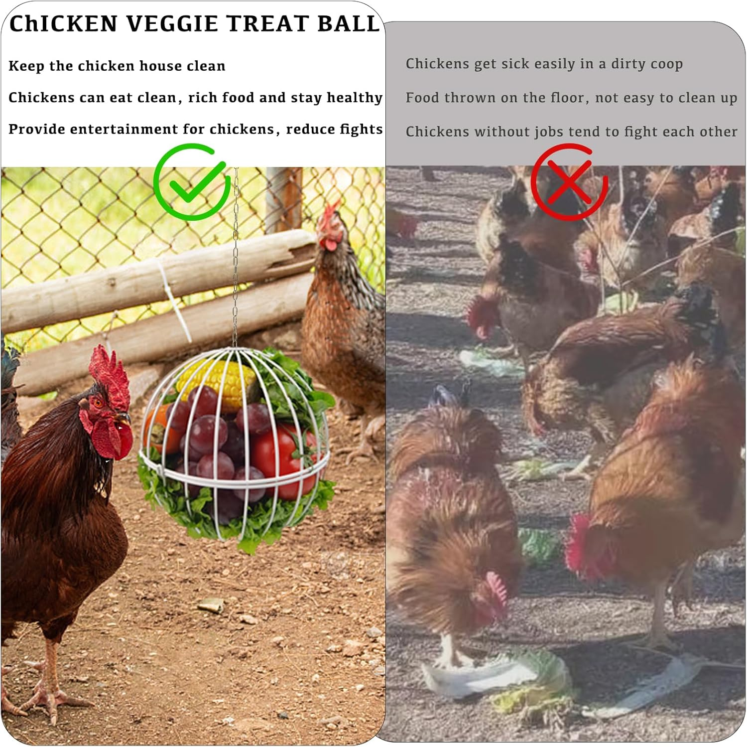 Hanging Chicken Feeder - 7.1 Inch Large Iron Chicken Veggie Treat Ball - Sturdy Chicken Treat Holder with 15.7 Inch Hanging Chain - White - 2Pcs Black image number 3