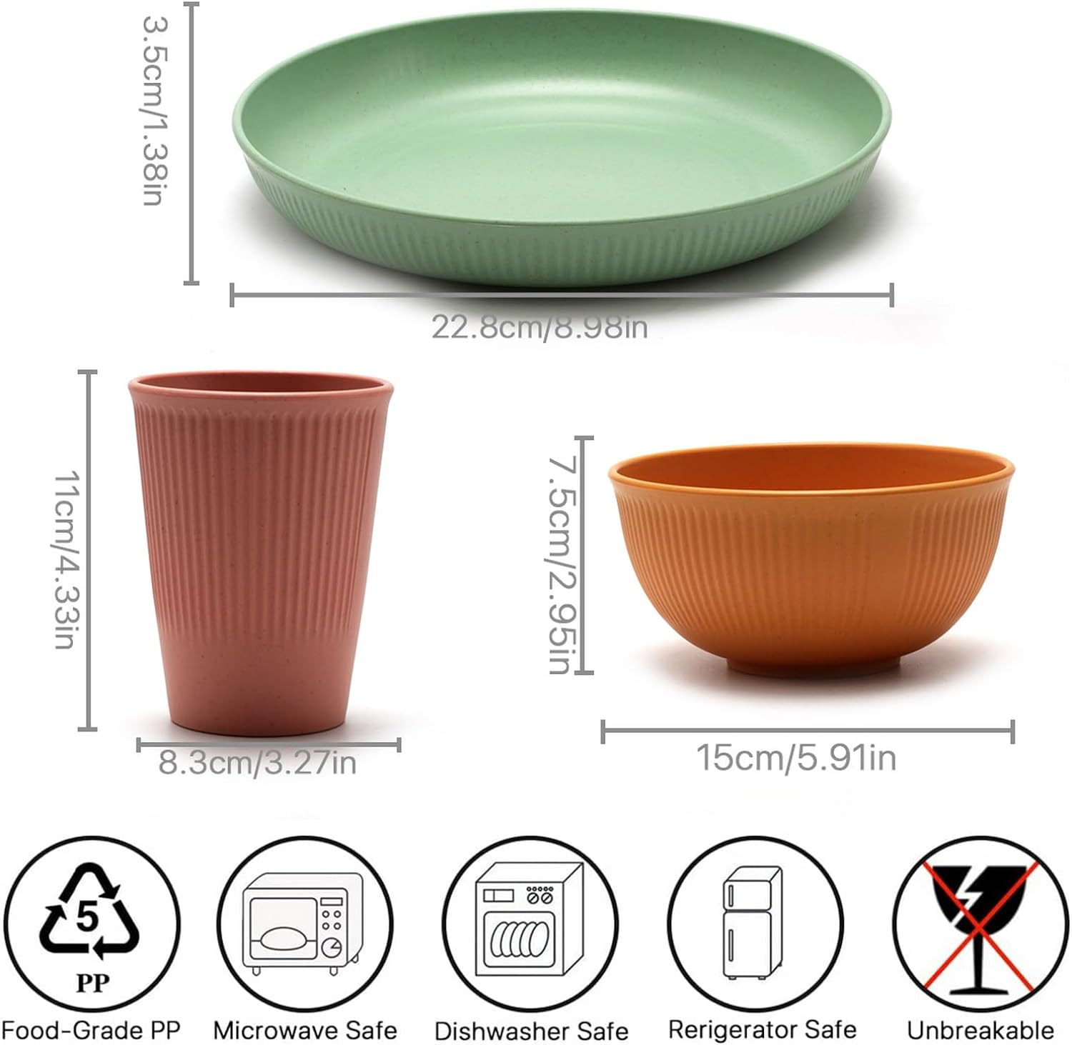 18Pcs Wheat Straw Dinnerware Serving Set for 6, Colorful Lightweight Plates Bowls Cups Sets, Unbreakable Reusable Plates, Microwave Dishwasher Safe, Perfect for Camping, Picnic, Outdoor Barbecue image number 3