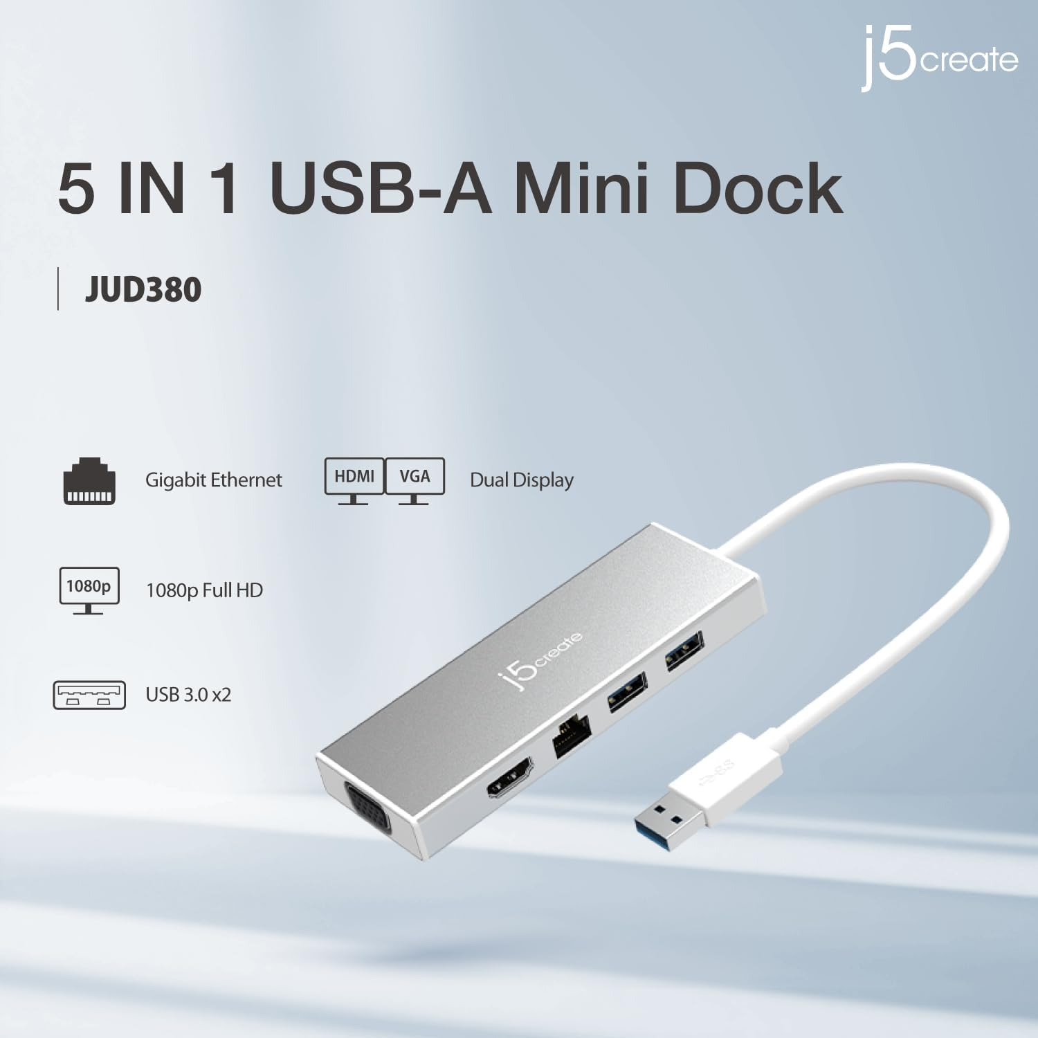 J5Create USB 3.0 Mini Dock, USB-A Hub with HDMI, VGA, RJ45 Gigabit Ethernet, 2 USB 3.1 Type-A - High Speed Data Transfer Adapter for Mac, Windows, Desktop PC - Supports up to 2K Resolution (JUD380) image number 2