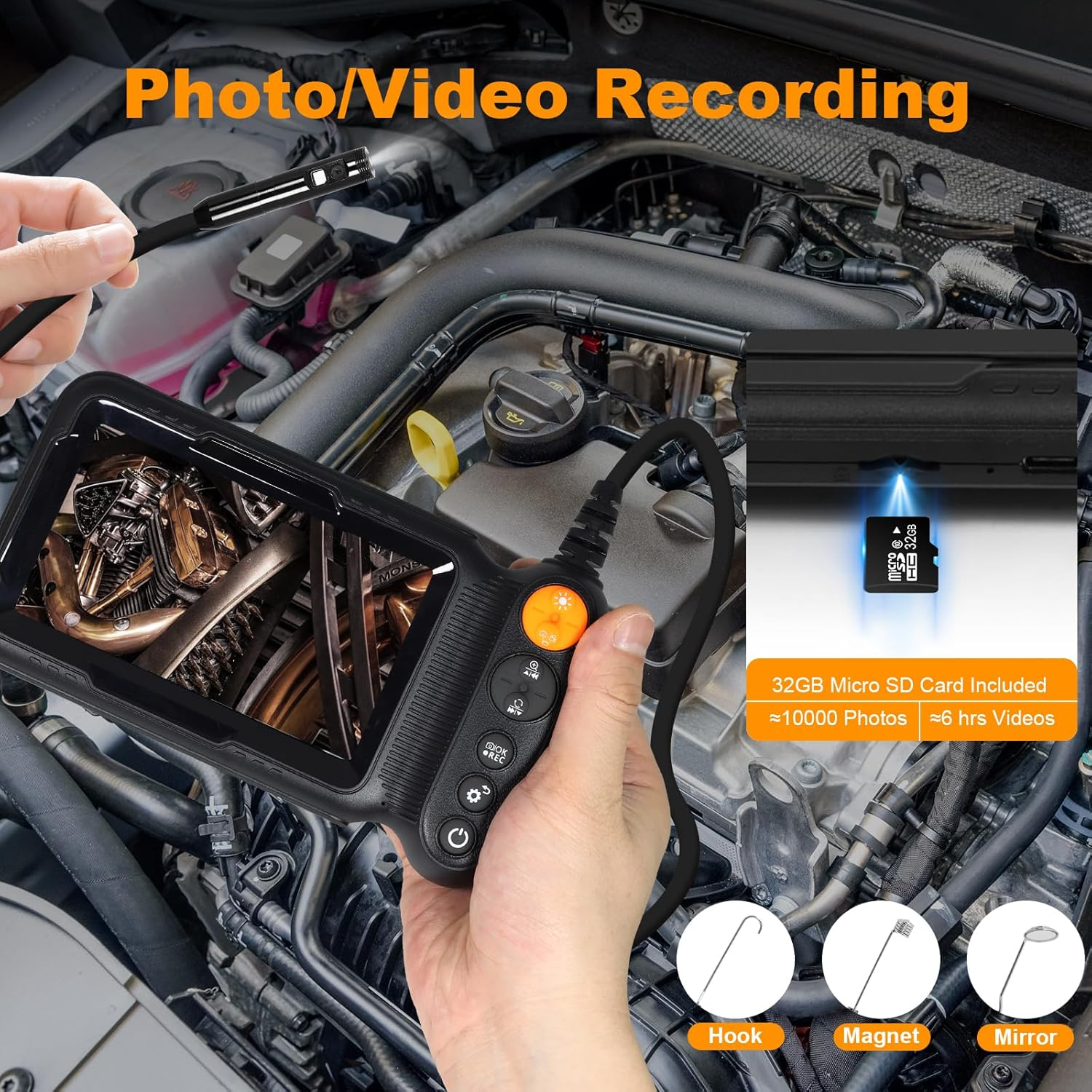 Dual-Lens Industrial Borescope Camera with 5 Inch IPS Screen, 32GB Memory Card, Photo/Video Recording Enabled, 16.5FT/5M Semi-Rigid Cable with 8+1 Adjustable Leds, IP67 Waterproof image number 5