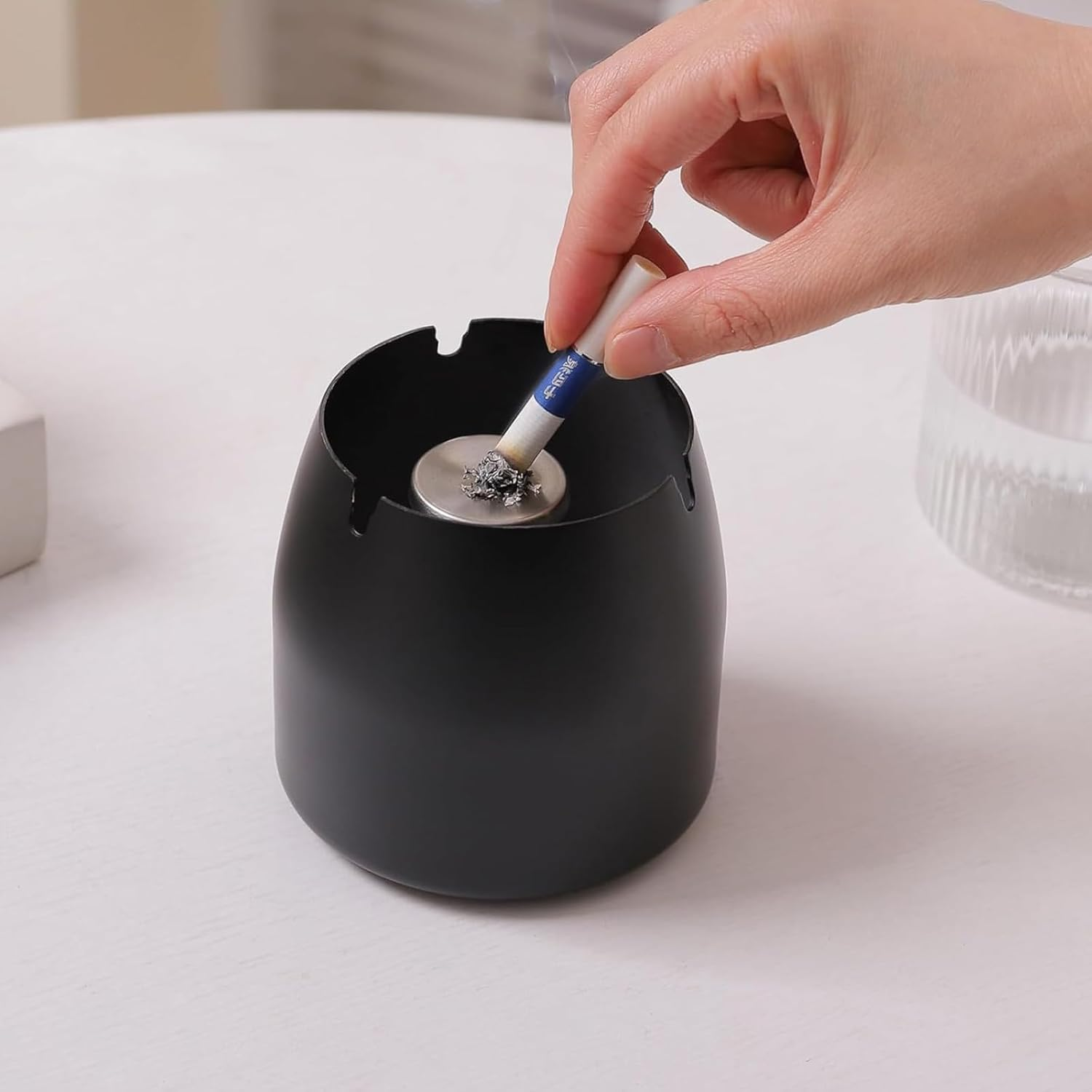 Stainless Steel Ashtray with Lid - Smokeless, Odorless Windproof Cigarette Tray for Indoor/Outdoor, Home, Office, Patio (9Cm X 9Cm X 9.7Cm, 330G) image number 5