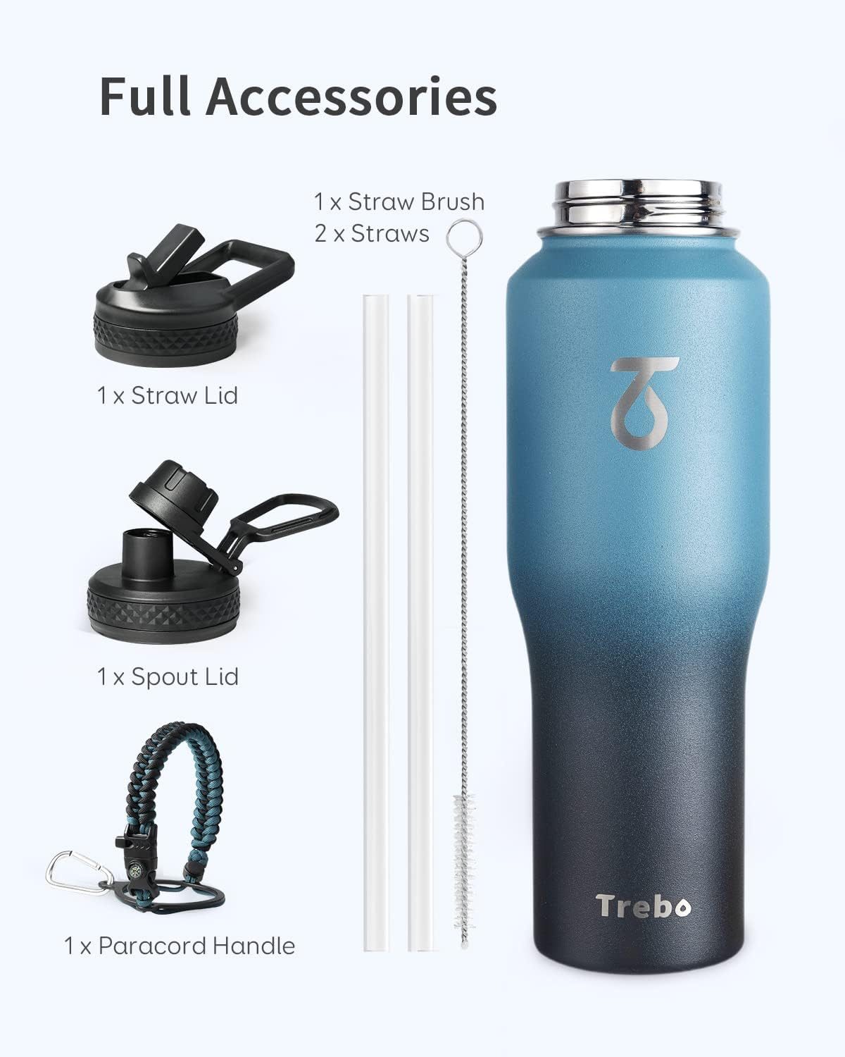 Trebo 32Oz Insulated Water Bottle That Fits in Cup Holder, Stainless Steel Double Wall Tumbler Flask Bottles with Paracord Handle, with Straw Spout Lids, Keep Cold for 48 Hrs/Hot 24 Hrs,Indigo/Black image number 4