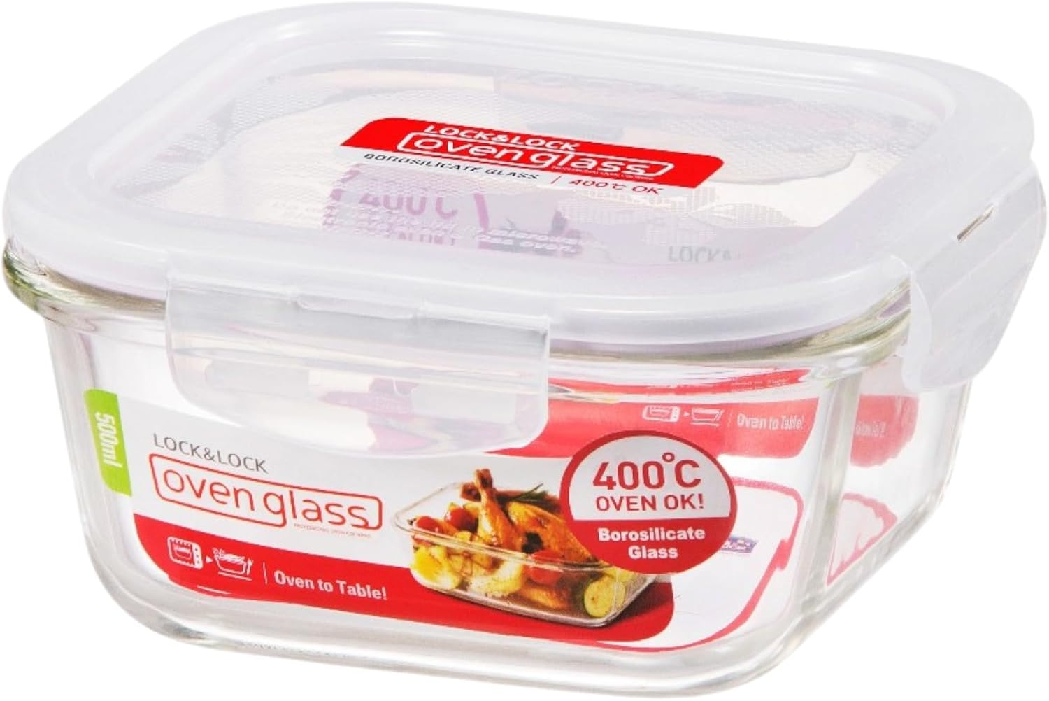 Locknlock Boroseal Square Oven Glass Food Container 500Ml Capacity, Borosilicate Glass, Heat Resistant to 400&deg;C, Patented Four-Hinge Locking System,100% Airtight, Leak-Proof Storage - Clear