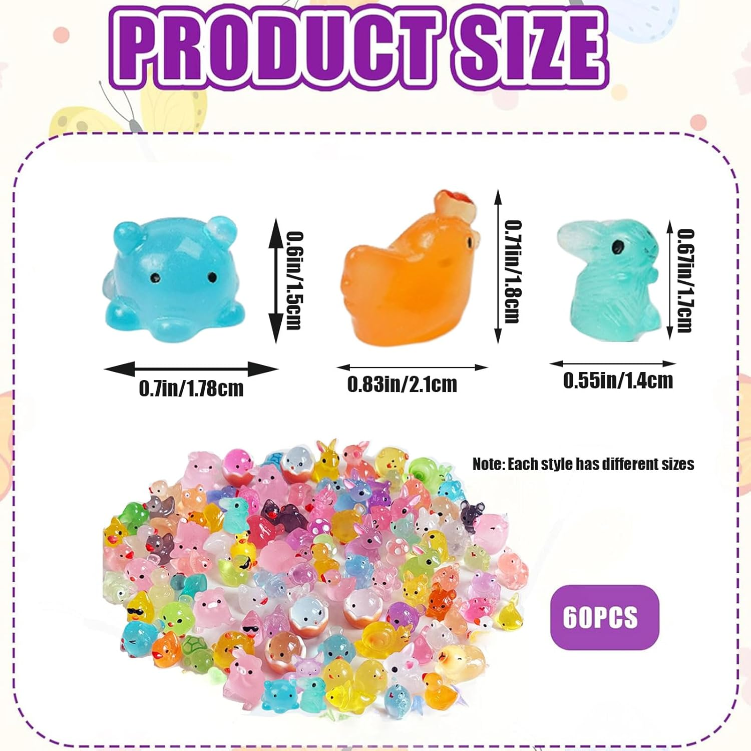 MYTOAU15 Styles Luminous Resin Animals Figures,60Pcs Mini Resin Animals Set for Aquarium Garden Landscape Potted Decorations DIY Accessories(Style & Color Are Random)