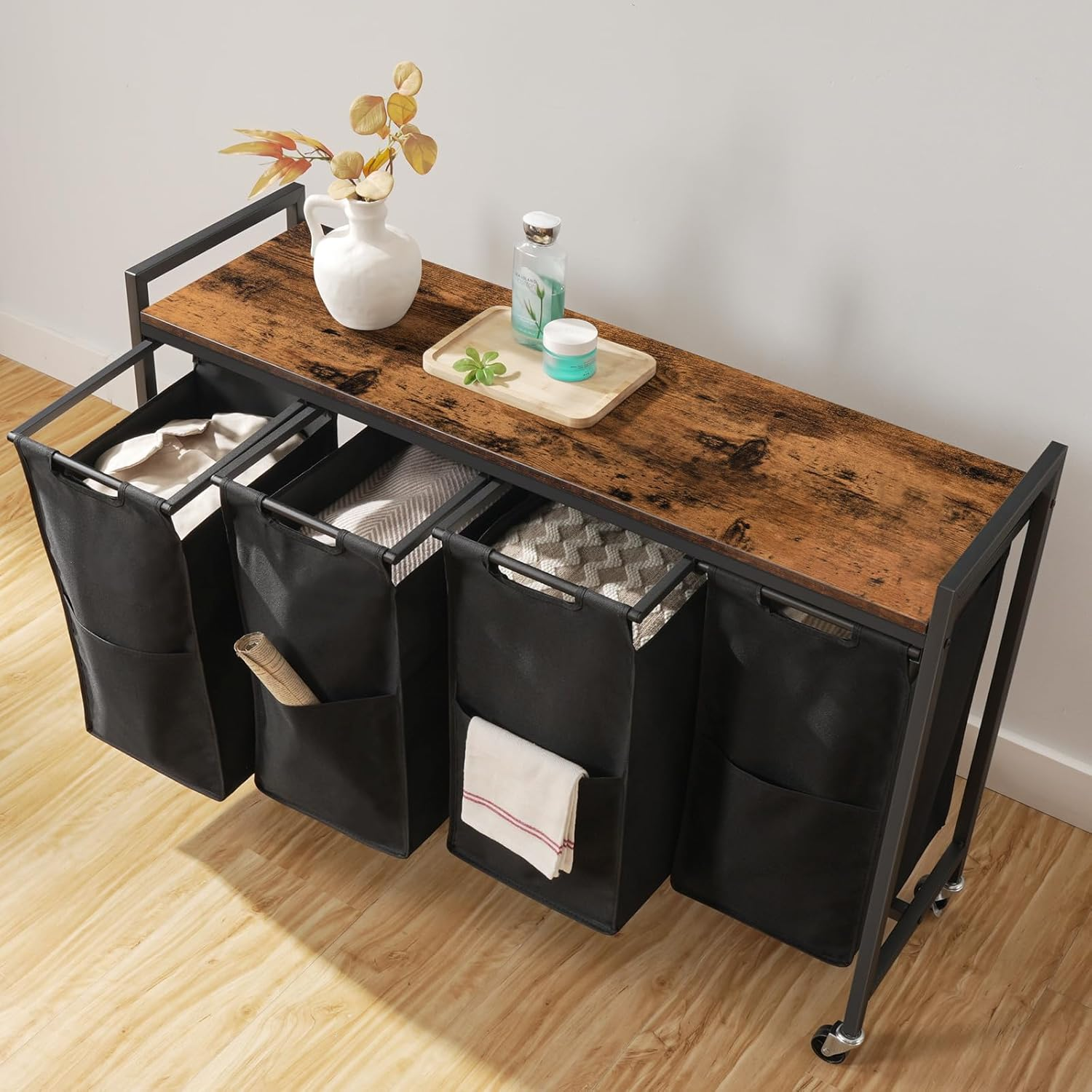 HOOBRO Laundry Sorter 4 Sections, Laundry Hamper with Wheels, 4 &times; 10.5 Gal (40 L), Rolling Laundry Basket, Pull-Out and Removable Oxford Fabric Bags, Rustic Brown and Black BF04XY01 image number 2