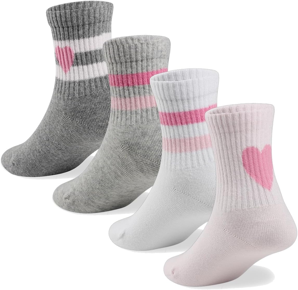 COTTON DAY Kids Girls Pink White Crew Athletic Socks with Retro Stripes Hearts image number 1