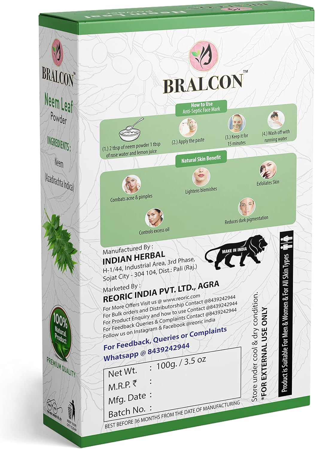 BRALCON Organic Neem, Amla, Hibiscus Flower Powder Combo-300G (100G X 3 Pack)|Neem Leaf Powder, Amla/Gooseberry Powder, Hibiscus Powder for Face, Skin Whitening| Hair Conditioning, Hair Growth image number 1