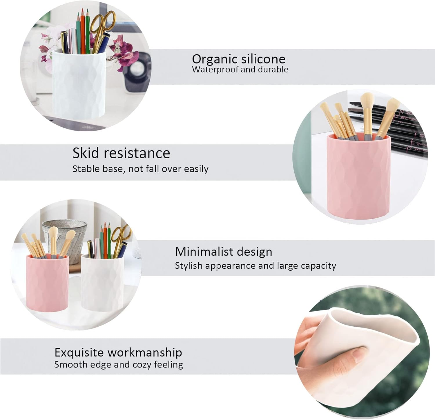 Minimaliving Pen Holder,Nordic Style Silicone Waterproof Pencil Holder for Desk Simple&Modern Minimalist Makeup Organizer Multifunctional Office Supplies for Home,Kids and School (White) image number 1