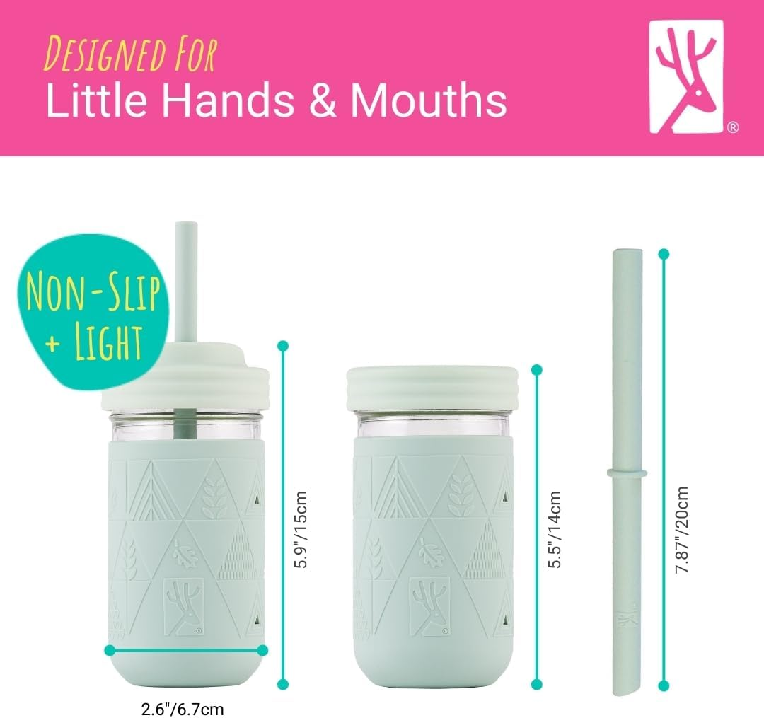 Elk and Friends 12Oz Glass Kids + Toddler Drinking Cups | the Original Mason Jars with Lids + Sleeves + Straws | Smoothie Cups | Spill Resistant | Dishwasher Safe | 4 Pack - Blush/Lilac/Peach/Lemon image number 4