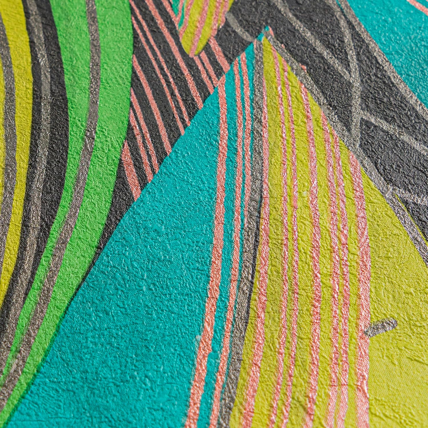 A.S. Cr&eacute;ation Livingwalls Hot Spots Motif Wallpaper 10.05 M X 0.53 M with Leaf Pattern - Green, Yellow, Turquoise, Metallic - Non-Woven Wallpaper, Wall Decoration in Tropical Style, Made in Germany - Cream, Beige, Blue, Green image number 2