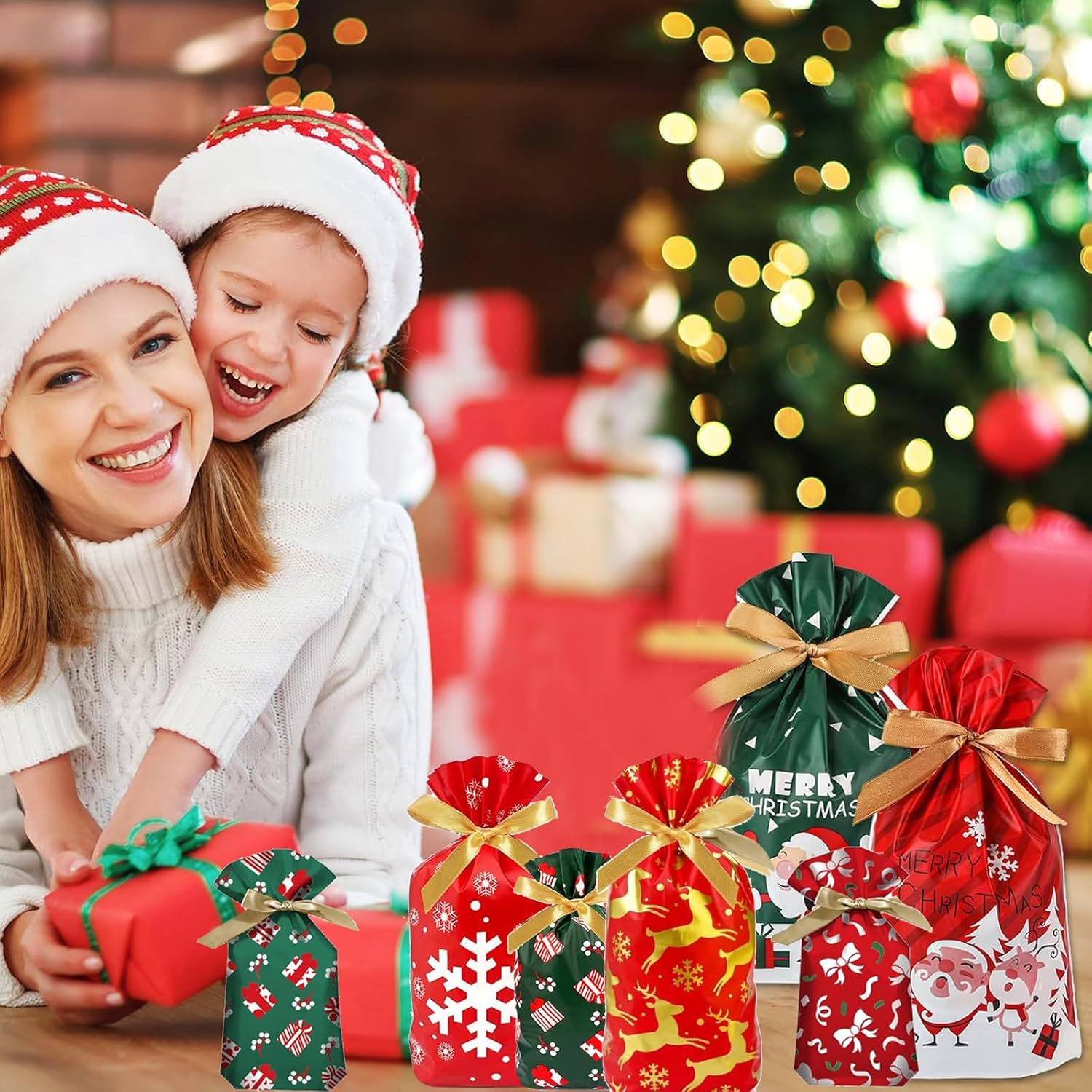 Tuoyi 40 Pieces Christmas Drawstring Gift Bags, Assorted Wrapping Bags Upgraded Christmas Goodie Bags for Birthday Christmas Party image number 1