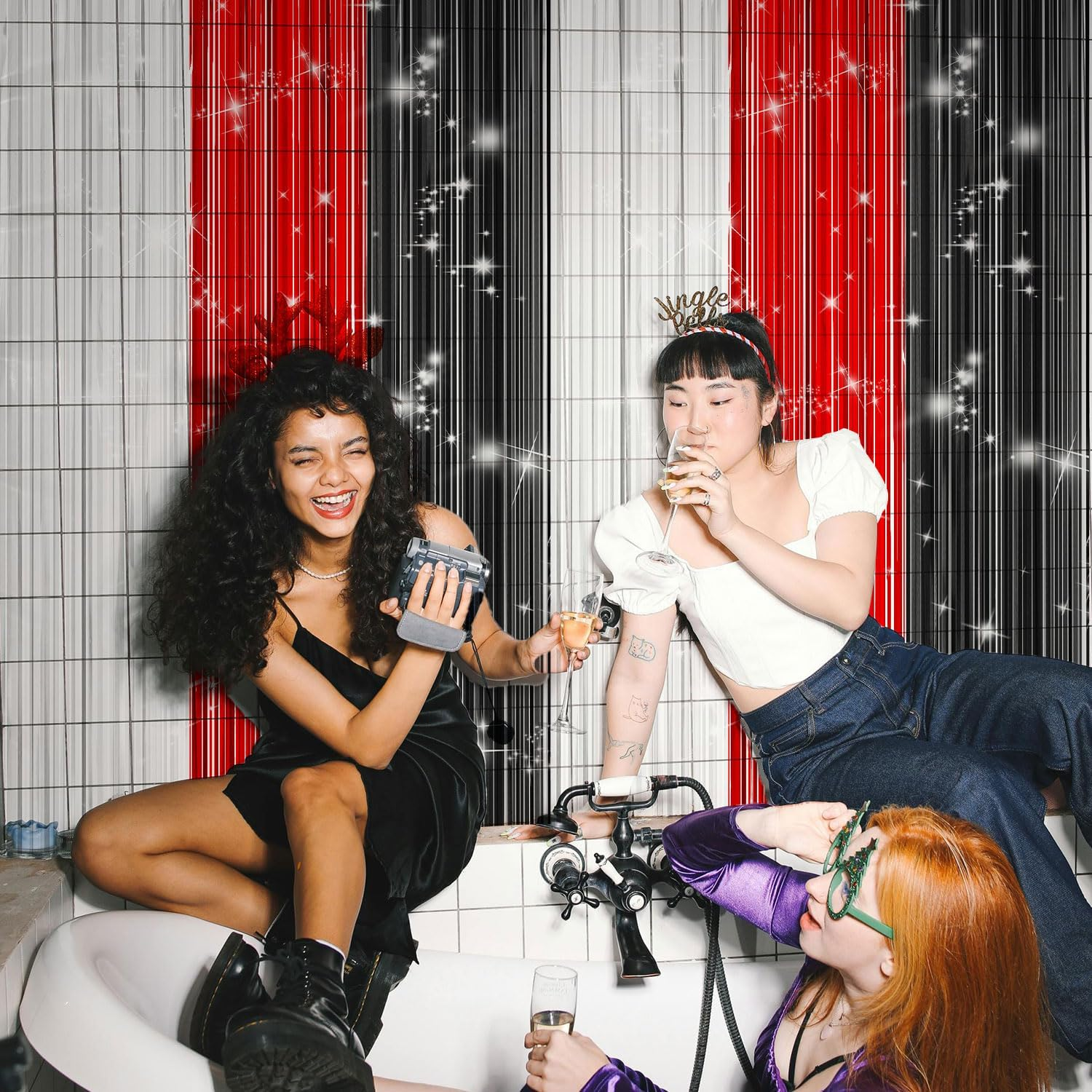 3 Pcs Tinsel Party Streamers, Red Black and White Foil Fringe Curtains Tinsel Streamers Foil Fringe Curtain Backdrop for Birthday Party Decorations image number 6