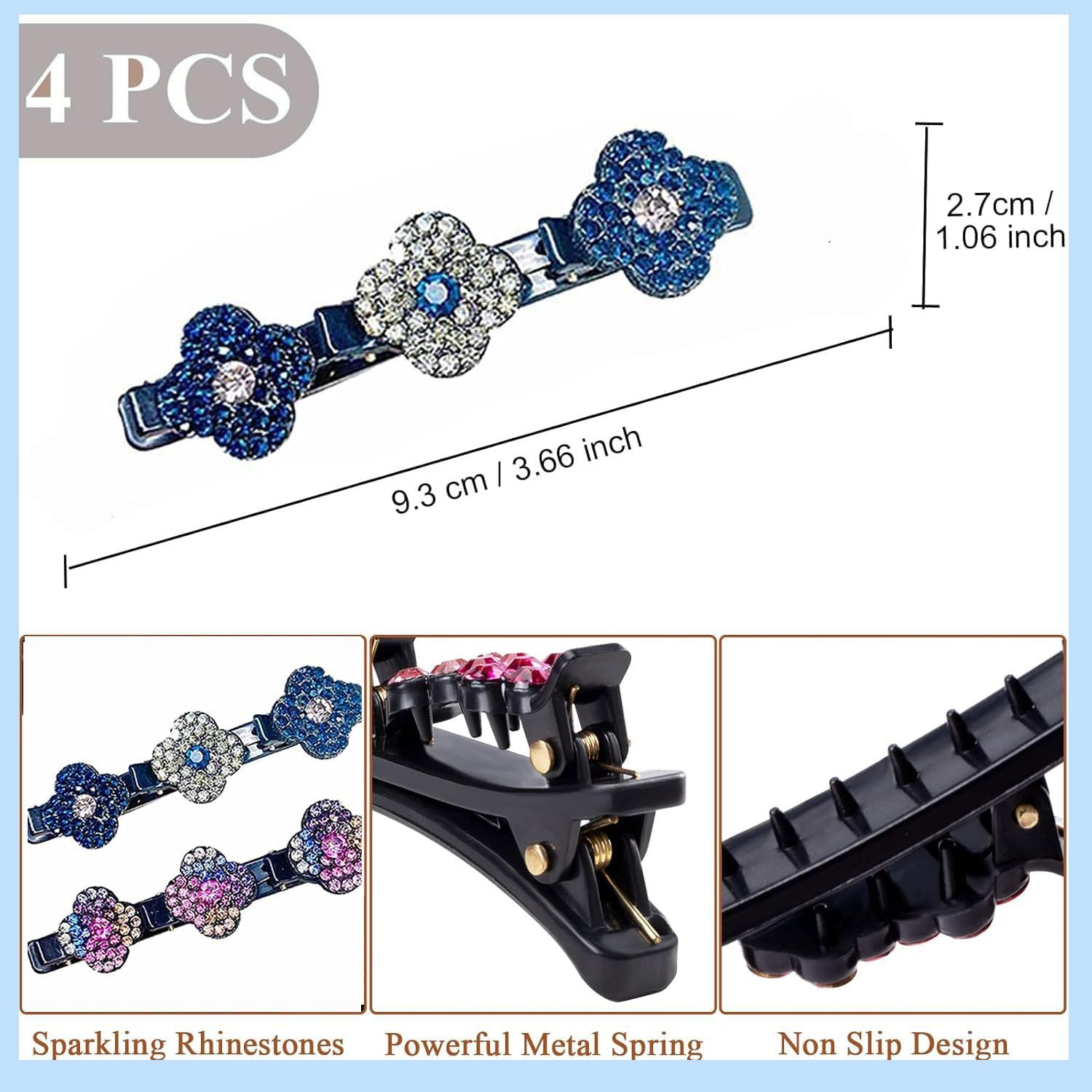 Pack of 4 Women'S Hair Clips, Crystal Hair Clips, Braided Rhinestone Hair Clips, Double Layer Hair Clips with 3 Small Clips for Women and Girls, Daily, Party, Wedding (Colour1) image number 5