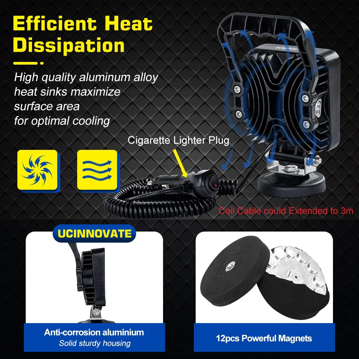 UCINNOVATE 27W Portable LED Work Light Flood Lamp with Magnetic Base for Car, Off-Road, Truck, Boat, Tractor, Truck, Engineering Vehicle, Maintenance, Camping Light DC 9-32V image number 1