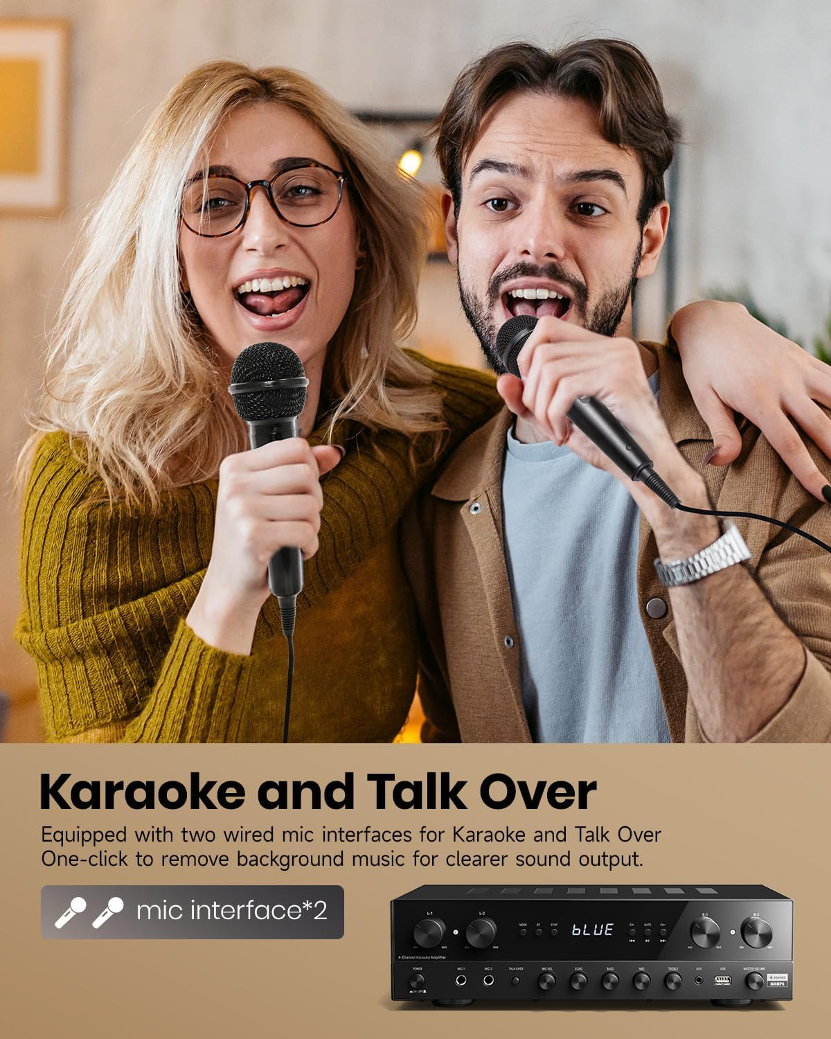 Donner Stereo Receivers Home Audio Amplifier, Premium 1000W Max Power 4 Channel Amplifier with Bluetooth 5.0, USB, FM, 2 Mic-In, Echo, RCA, Fiber/Coaxial Input for Home, Karaoke, Theater Speakers image number 4