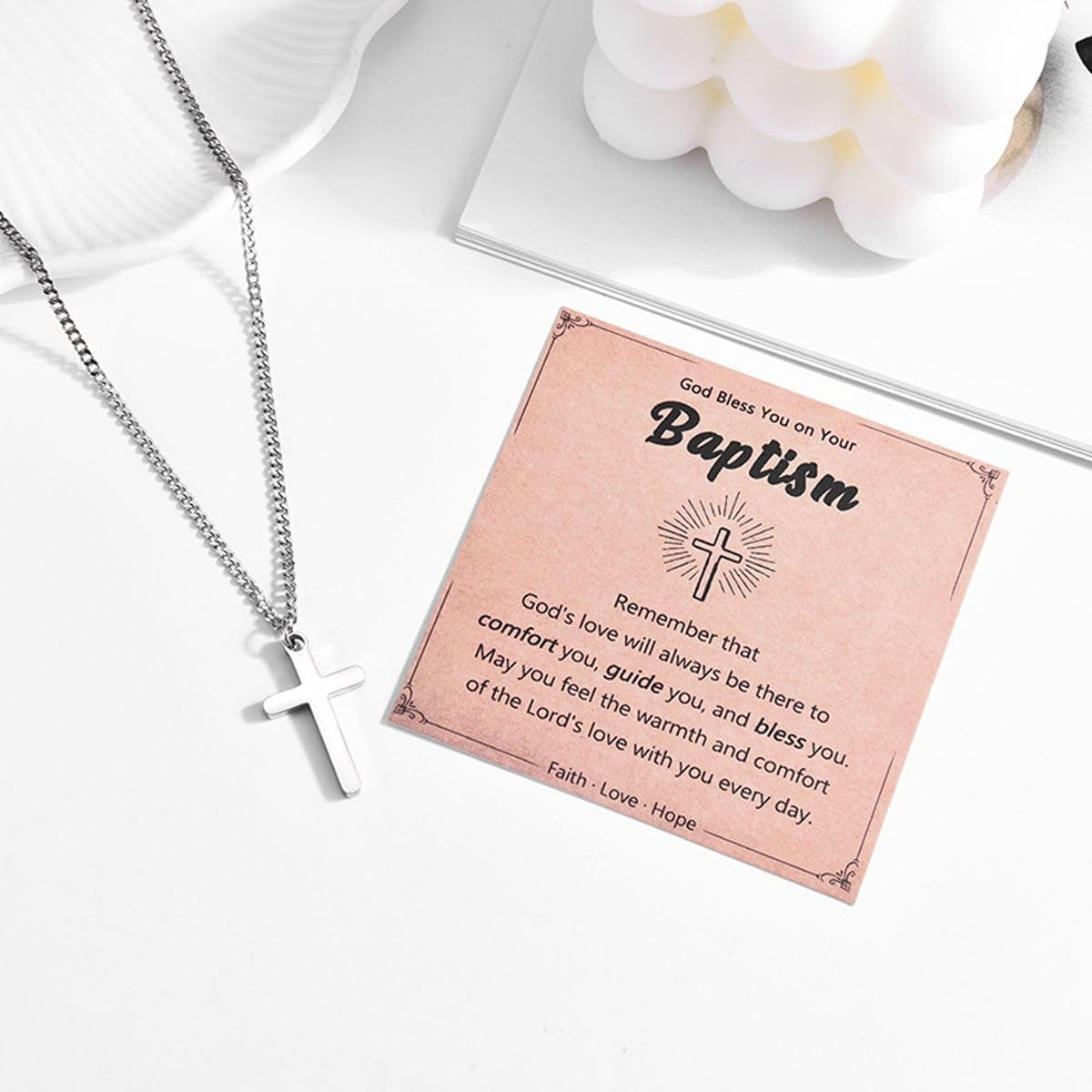 Leyung Baptism Confirmation First Holy Communion Christening Gifts for Boys, Stainless Steel Cross Necklace Gifts for Teen Boys Son Grandson Nephew Godson image number 5