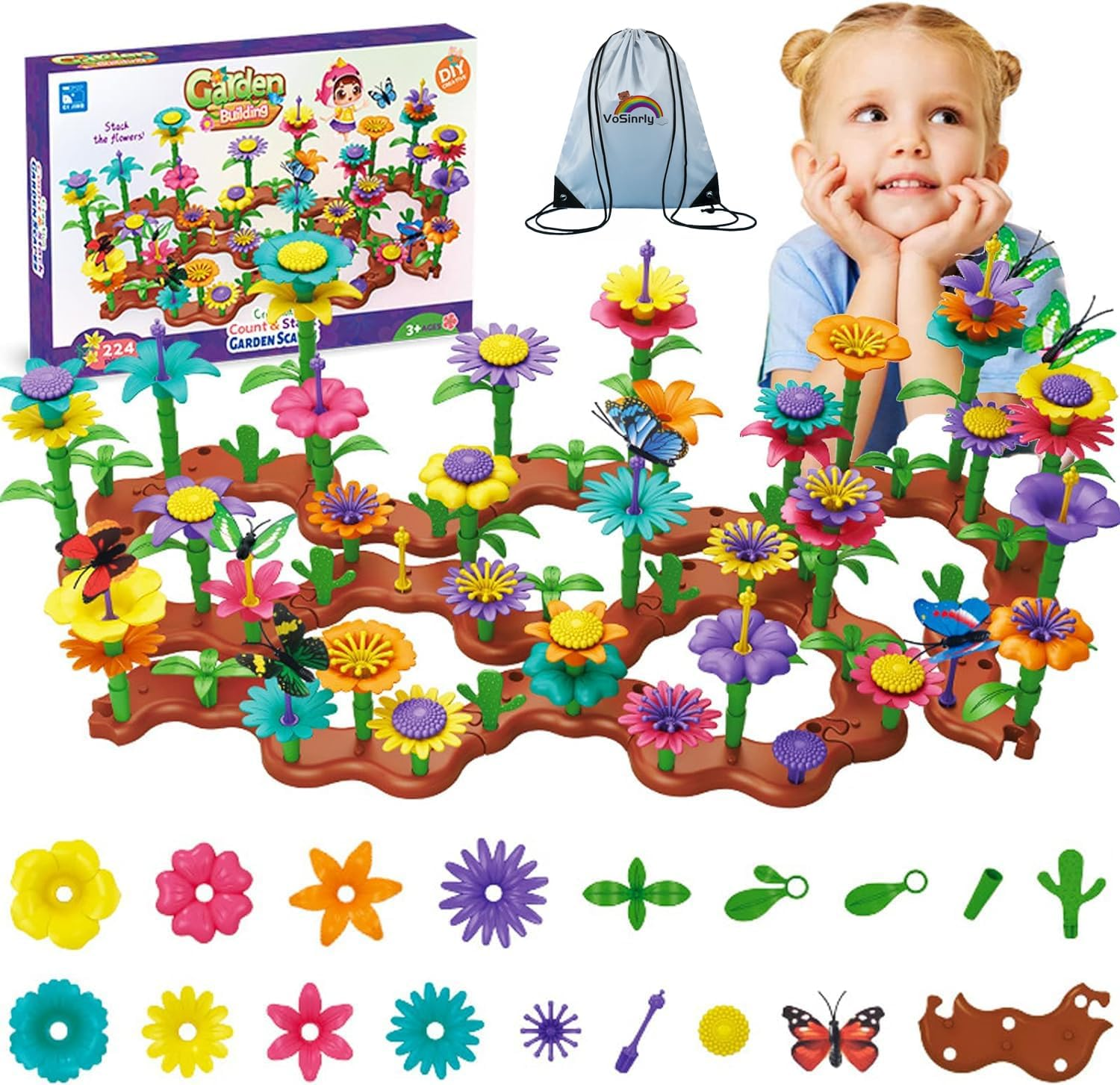 Vosinrly Kids Garden Toys for 3 4 5 6 7 Years Old - 224 PCS Flower Building Set for Toddler Girl Toys with an Extra Storage Bag image number 2
