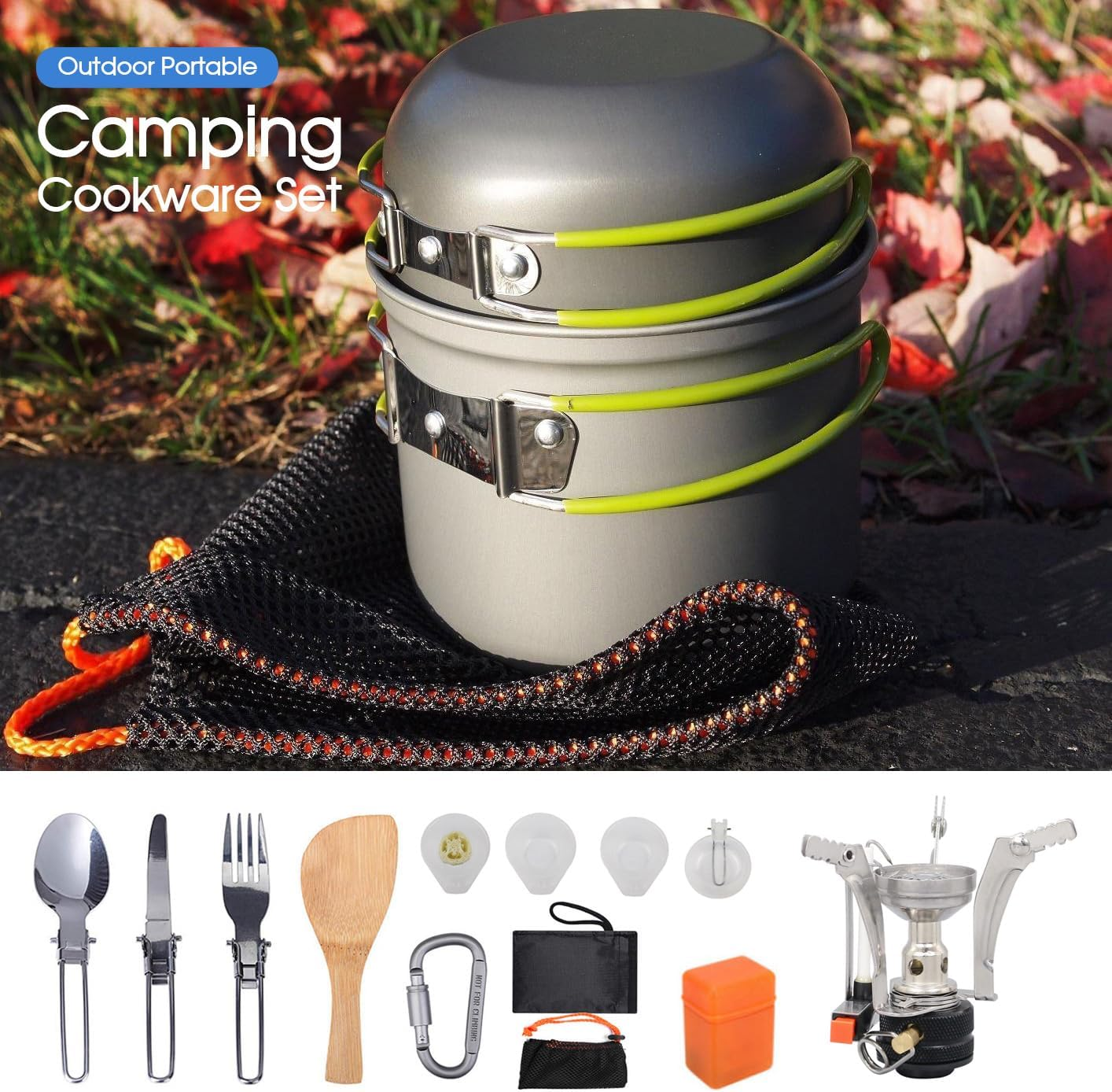 Leona Co Camping Cookware Set Backpacking Outdoor Hiking Gear with Camping Stove, Compact Light Cooking Kit, Easy Clean Durable Tableware Set with Stove Pan Pot Bowl image number 1
