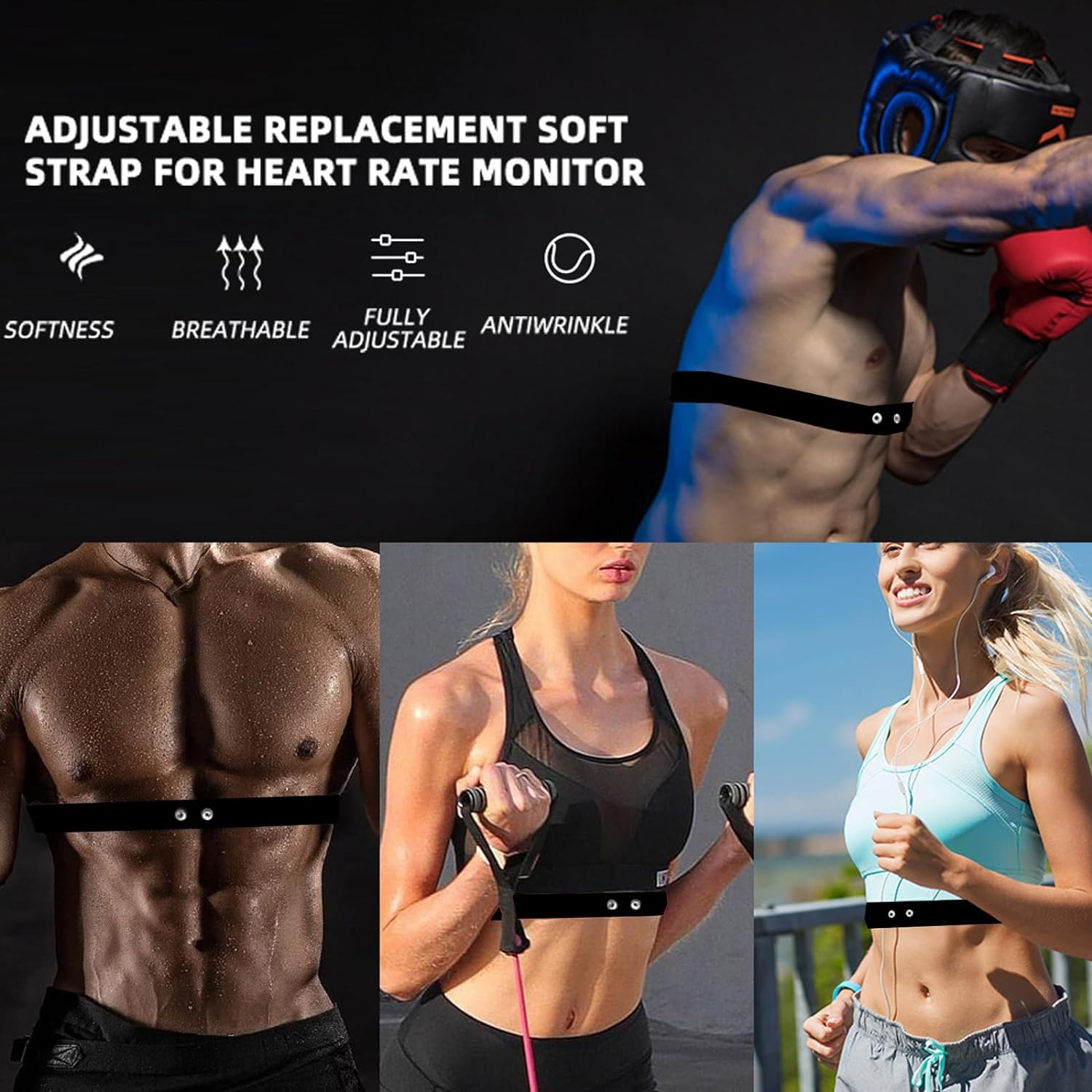 Fitcent Adjustable Soft Belt Heart Rate Monitor Chest Replacement Strap Only Compatible with MYZONE Switch, Black, M-XXL image number 2