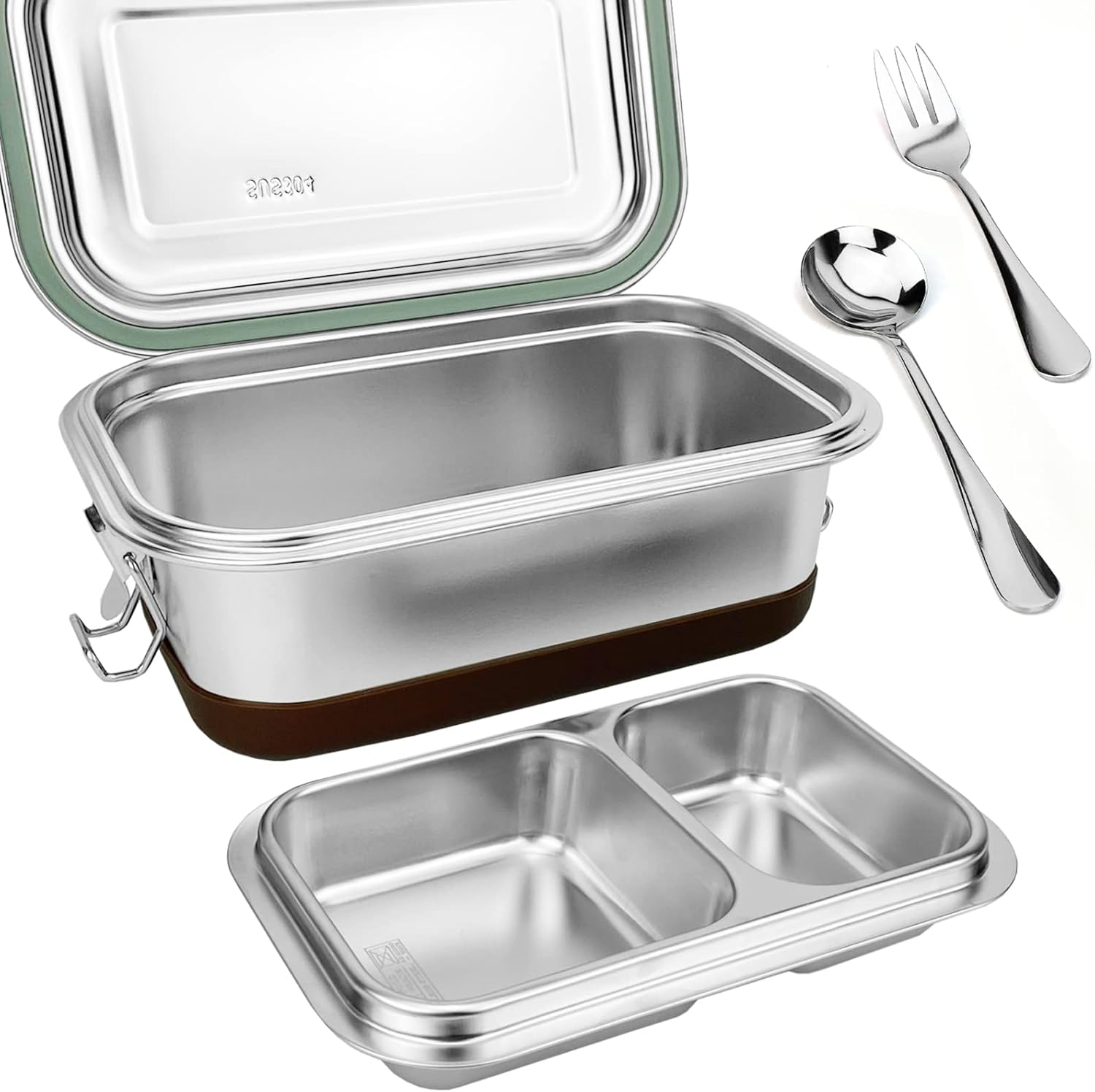 Stainless Steel Lunch Container, Metal Bento Box Snack Container with Leakpproof Lid, Stainless Steel Food Container with Spoon & Fork, 6.7X 4.9IN for Meal Prep Camping