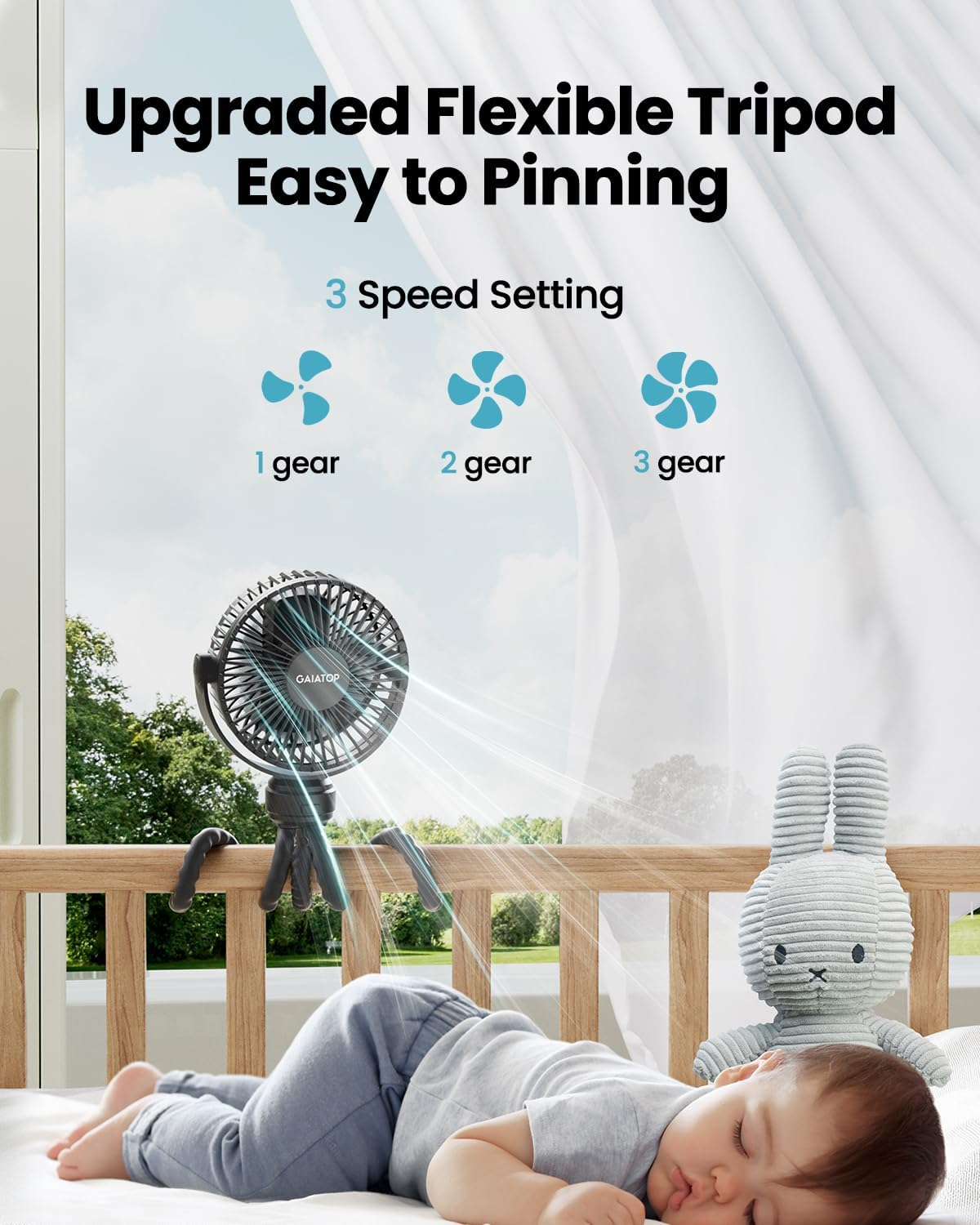 Gaiatop Mini Portable Stroller Fan, Battery Operated Small Clip on Fan, Detachable 3 Speed Rechargeable 360&deg; Rotate Flexible Tripod Cooling Fan for Car Seat Crib Treadmill Travel Black - Blue image number 6