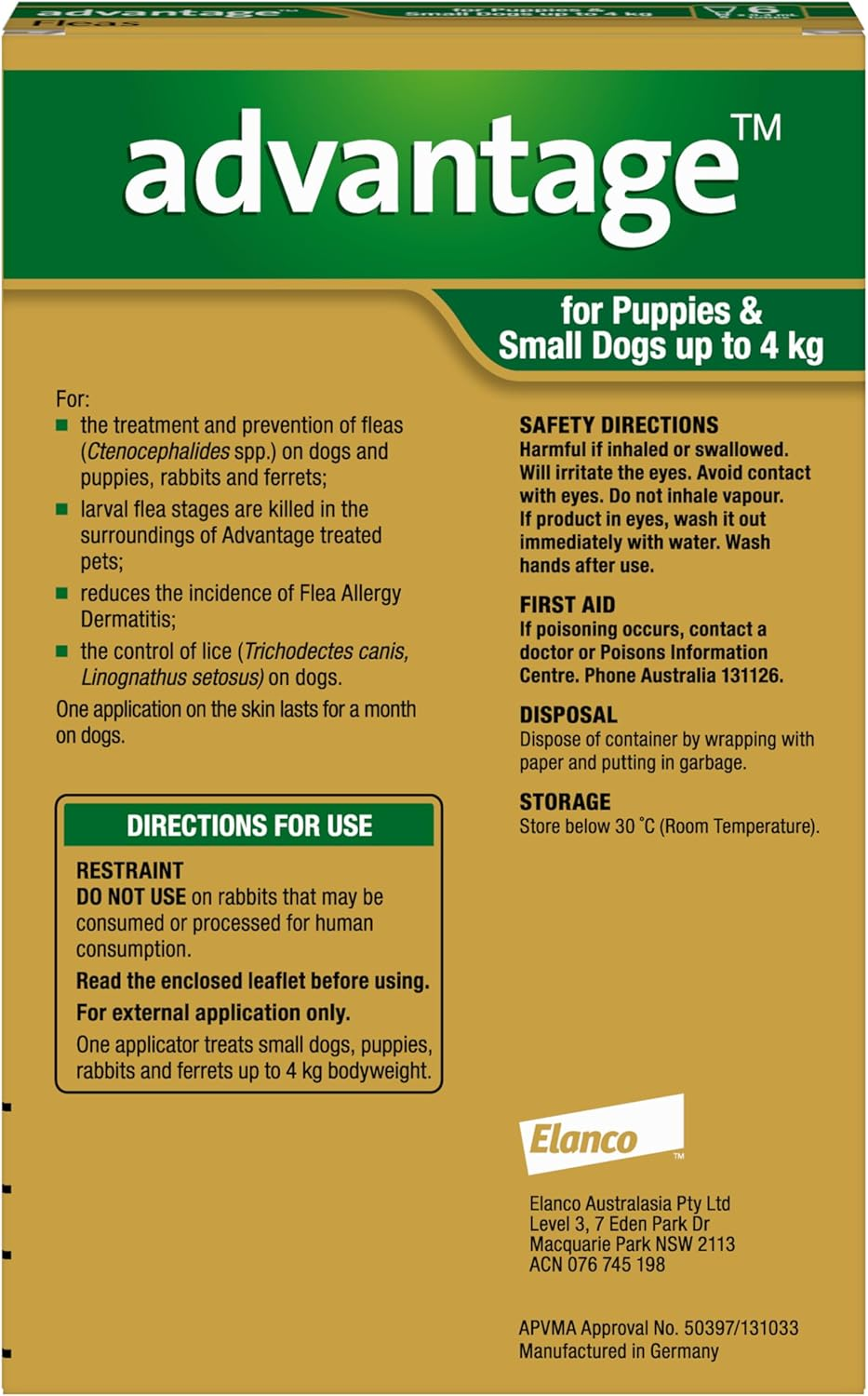 ADVANTAGE DOG 0-4KG GREEN 6'S