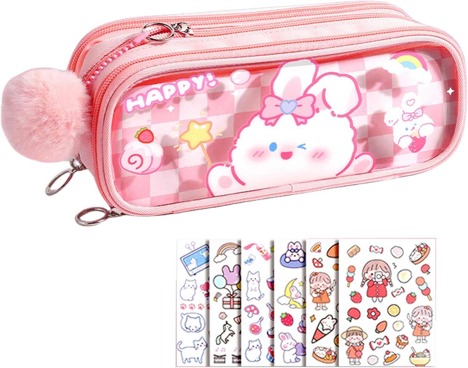 UINSUE Cute Pen Case Adorable Bunny Transparent 3-Layer Large Capacity Pencil Case Gadget Organizer with Lovely Stickers (Pink)