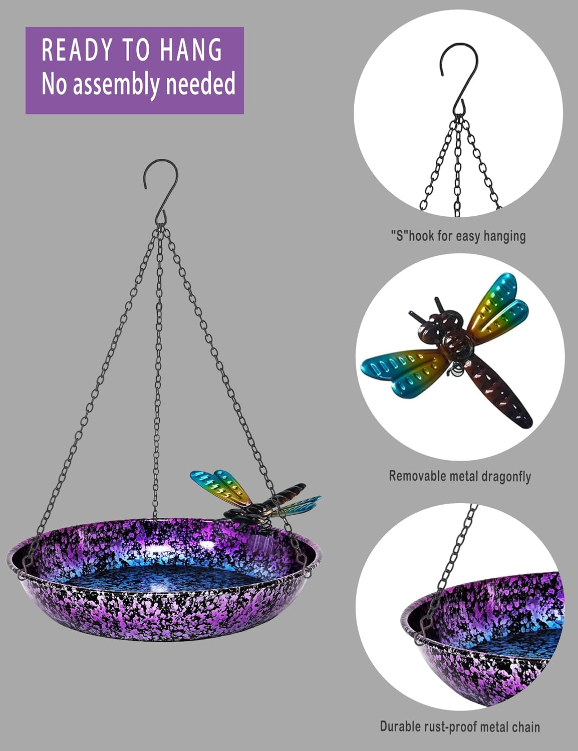 Hanging Bird Bath for Outdoor 11 Inch Colorful Purple&Blue Metal Bird Feeder Birdbath Bowl Mounted Rust-Proof Black Chain Metal Dragonfly Yard Art Garden Decor