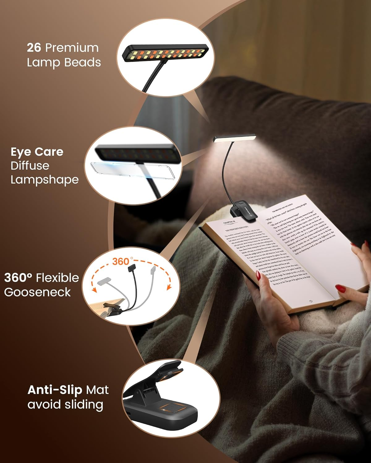 Glocusent 26 LED Rechargeable Book Light 5 Amber Colors & Stepless Dimming Brightness Book Light for Reading in Bed - Portable Clip on Book Reading Light with Longer Runtime for Book Lovers Kids - Black image number 2