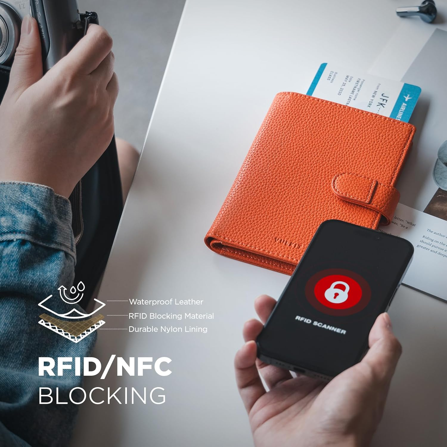 VULKIT Leather Passport Wallet for 2 Passports Pocket Slim Double Passport Holder RFID Blocking Passport Travel Wallet with ID Window for Women - Grain Black image number 4