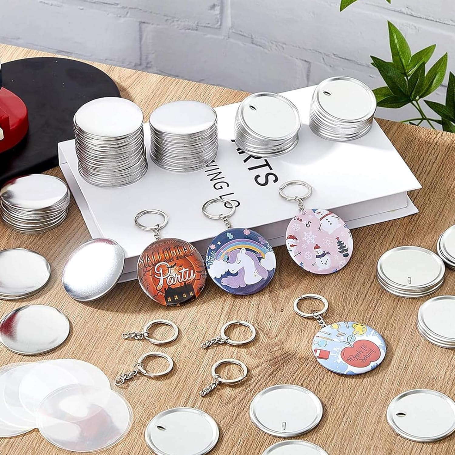 Button Maker Keychain Supplies - 150 Sets 58Mm/2.25 Inch Pin Making Kit for Machine, Metal Badge Sets with Shell Back Cover, Transparent Film and Chain Head image number 2