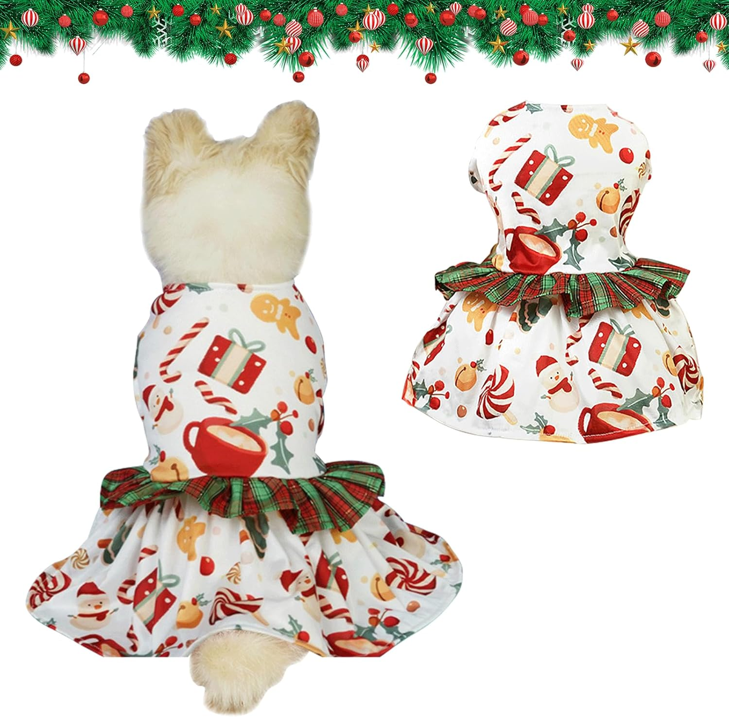 Christmas Dog Clothes Princess Style Dog Dress with Red and Green Plaid Christmas Dog Costume Cozy Pet Clothing Small Dog Clothes for Girls Holiday Xmas Celebrations Dressing (White M) image number 1