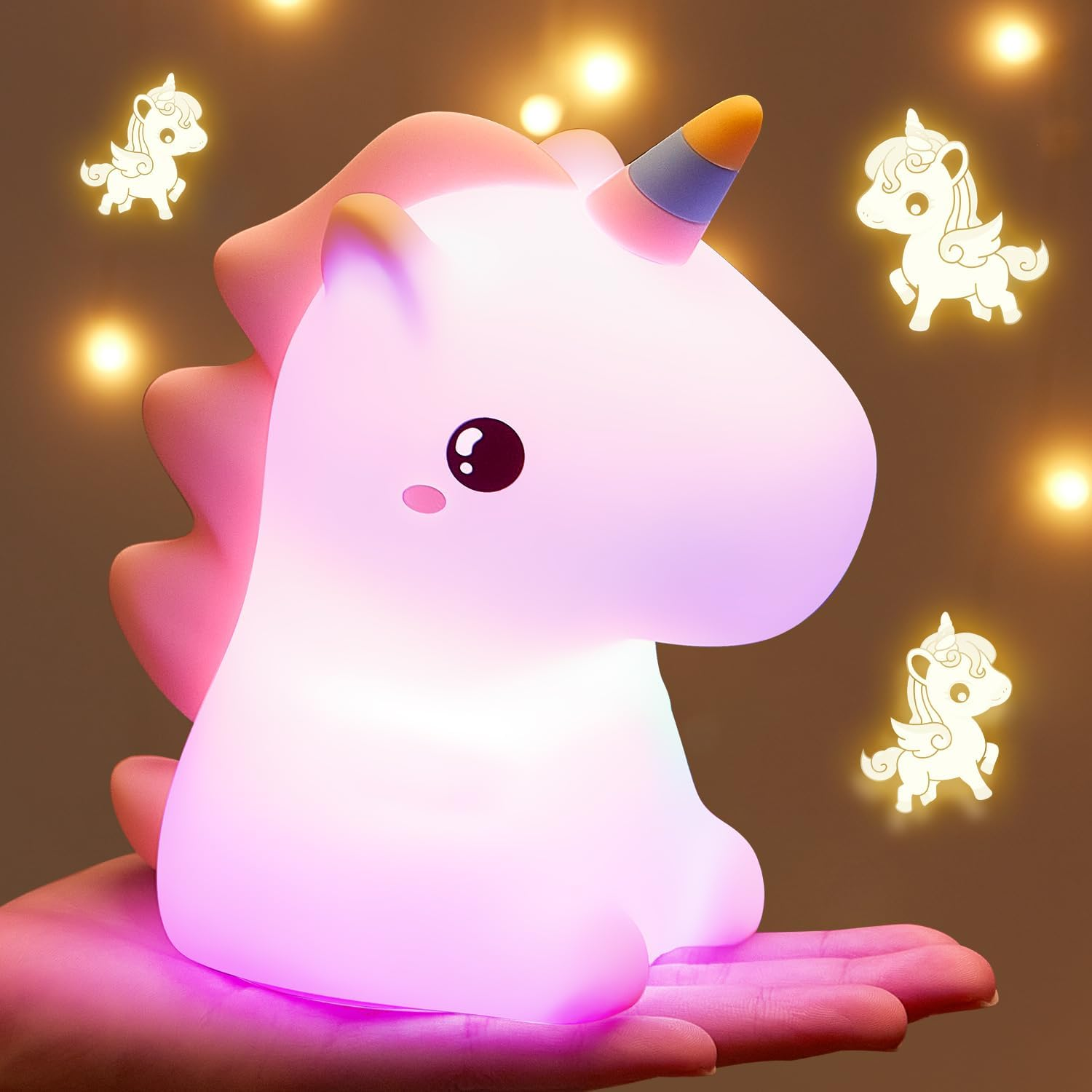 One Fire Unicorn Night Light, 16 Color Changing, LED, Rechargeable, Pink, Silicone, Kids Room Decor image number 3