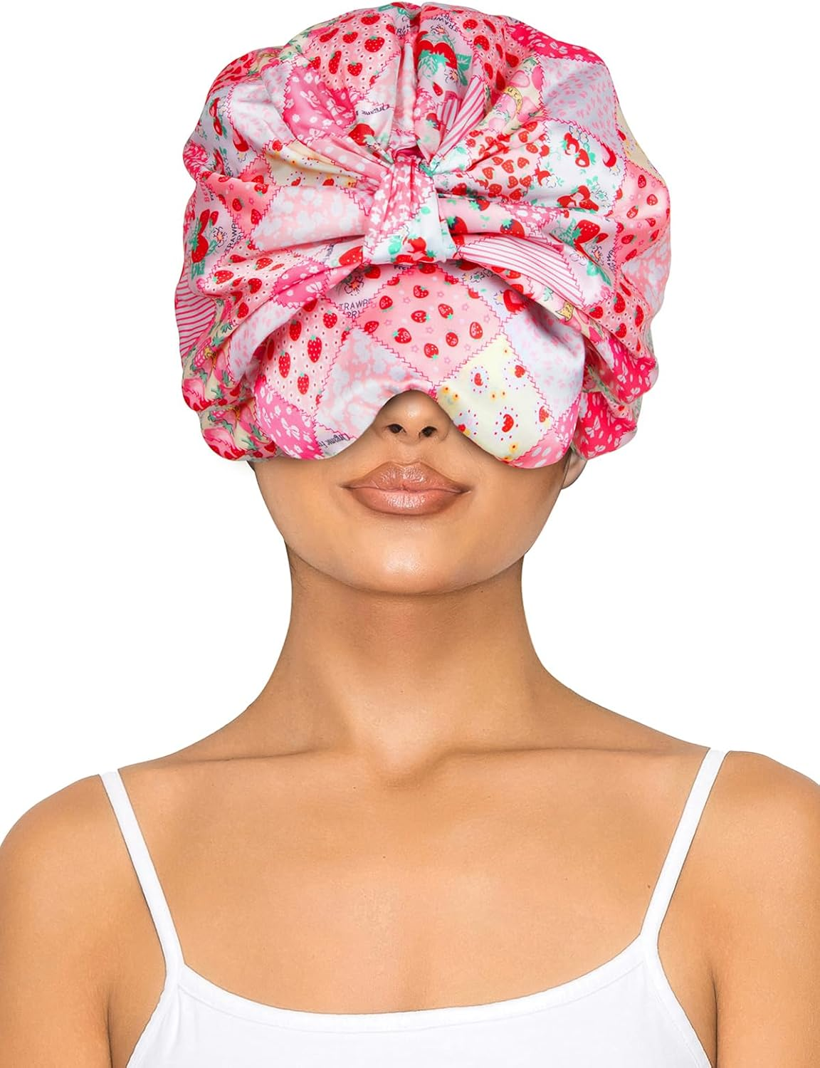 Vettres Double Layer Satin Bonnet with Eye Mask Adjustable Silk Sleep Cap Turban Style Hair Wrap for Curly Hair Black